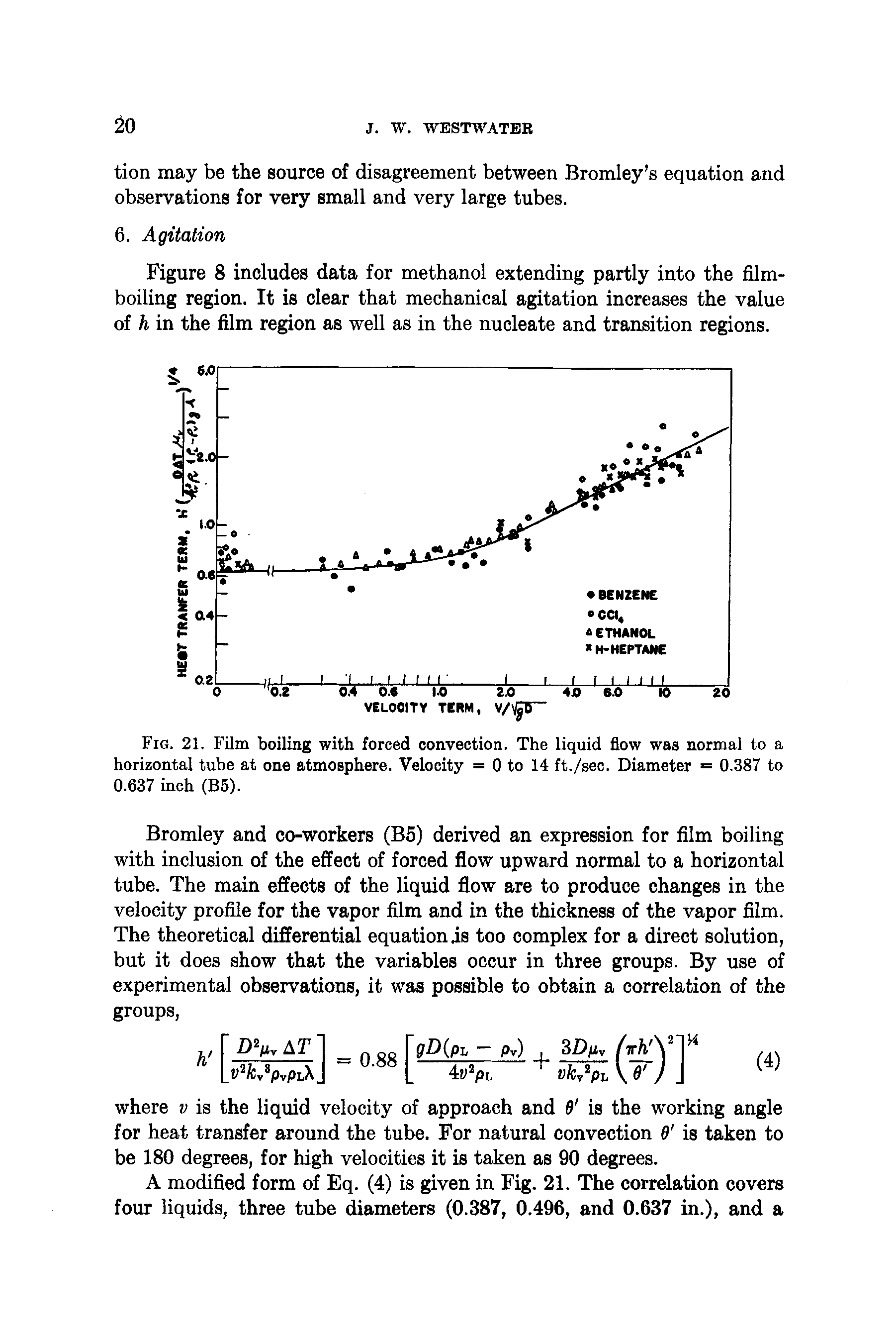 Fig. 21. Film boiling with forced convection. The liquid flow was normal to a horizontal tube at one atmosphere. Velocity = 0 to 14 ft./sec. Diameter = 0.387 to 0.637 inch (B5).