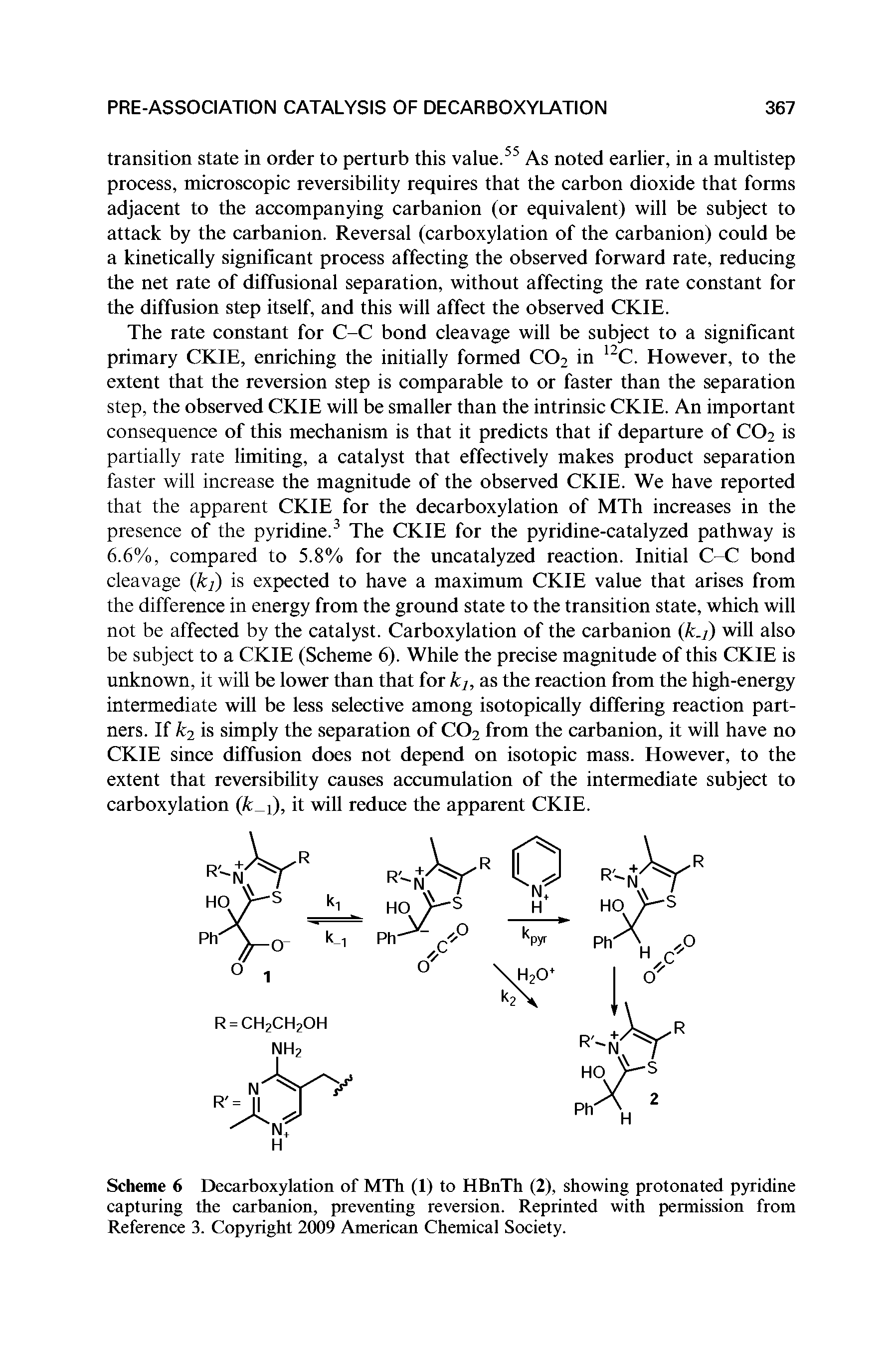 Scheme 6 Decarboxylation of MTh (1) to HBnTh (2), showing protonated pyridine capturing the carbanion, preventing reversion. Reprinted with permission from Reference 3. Copyright 2009 American Chemical Society.