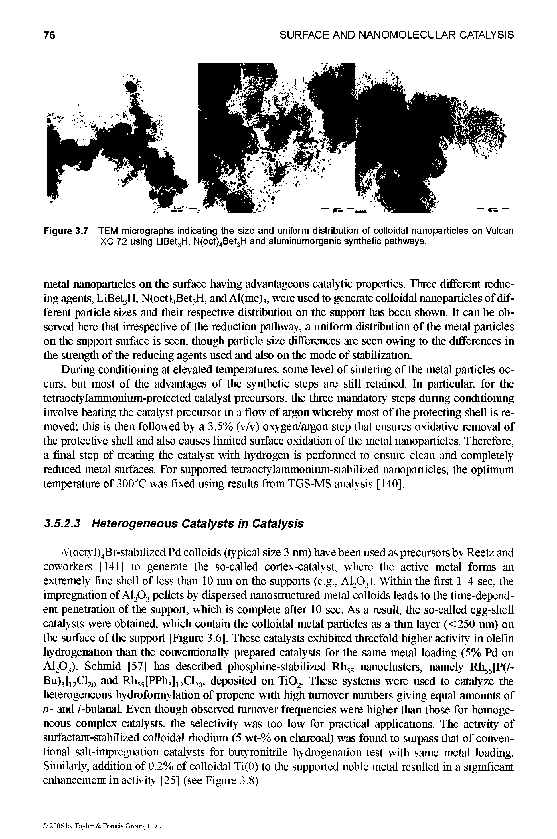 Figure 3.7 TEM micrographs indicating the size and uniform distribution of colloidal nanoparticles on Vulcan XC 72 using LiBet3H, N(oct)4Bet3H and aluminumorganic synthetic pathways.