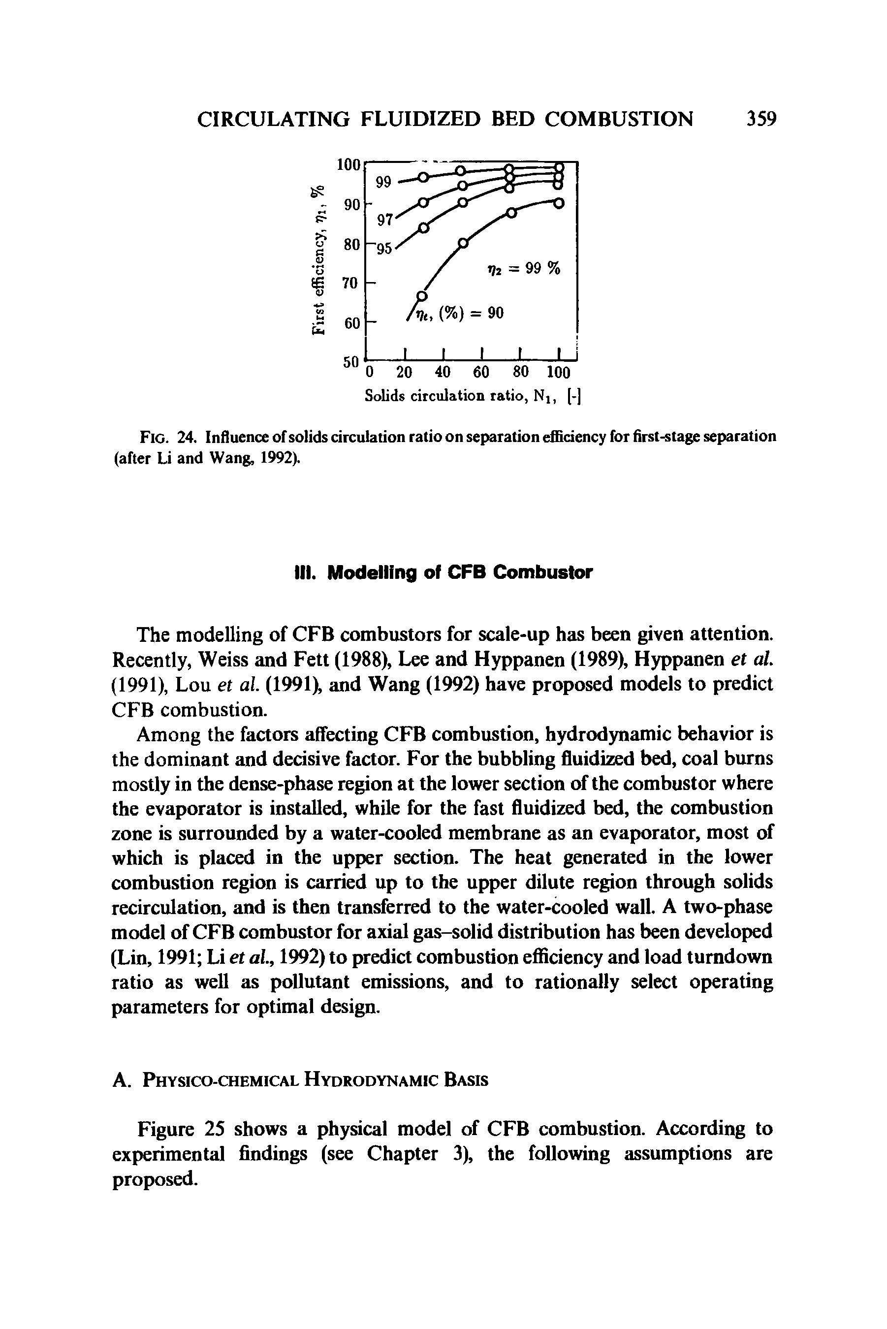 Fig. 24. Influence of solids circulation ratio on separation efficiency for first-stage separation (after Li and Wang, 1992).