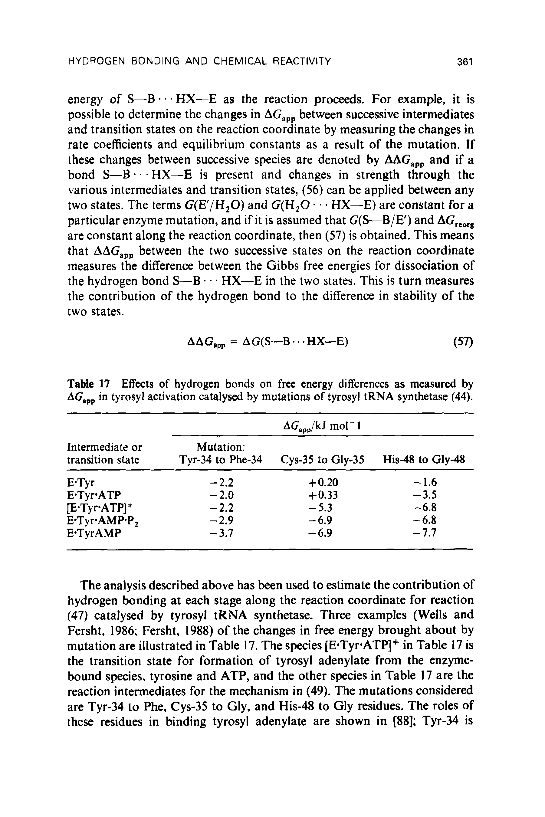 Table 17 Effects of hydrogen bonds on free energy differences as measured by AG.pp in tyrosyl activation catalysed by mutations of tyrosyl tRNA synthetase (44).