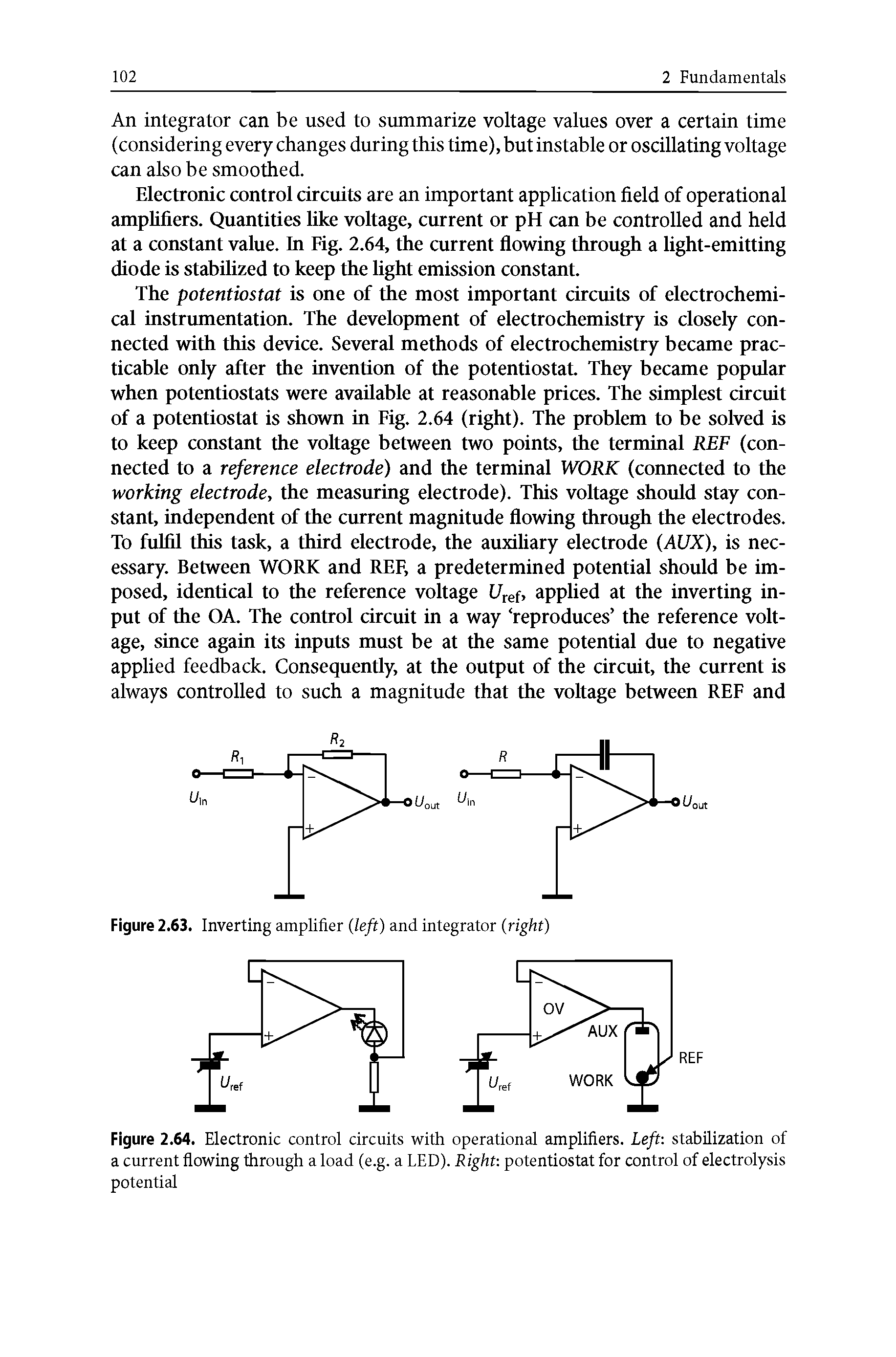 Figure 2.64. Electronic control circuits with operational amplifiers. Left stabilization of a current flowing through a load (e.g. a LED). Right potentiostat for control of electrolysis potential...