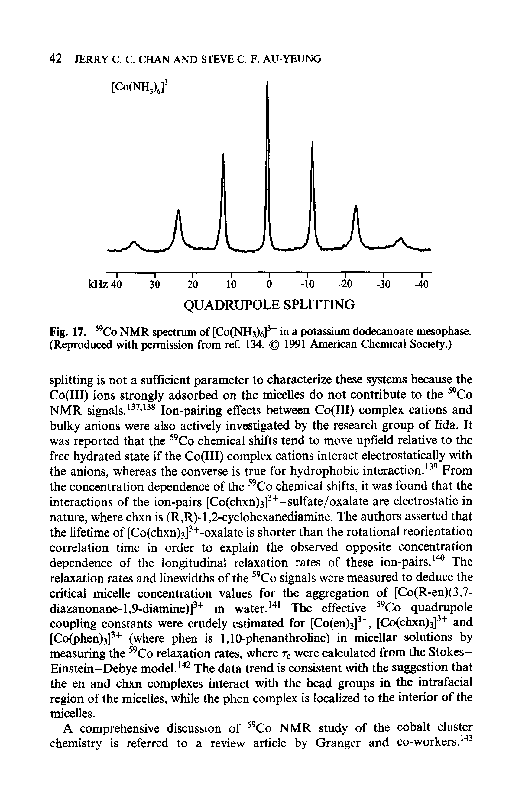 Fig. 17. NMR spectrum of [CoINHs) ] in a potassium dodecanoate mesophase. (Reproduced with permission from ref. 134. 1991 American Chemical Society.)...