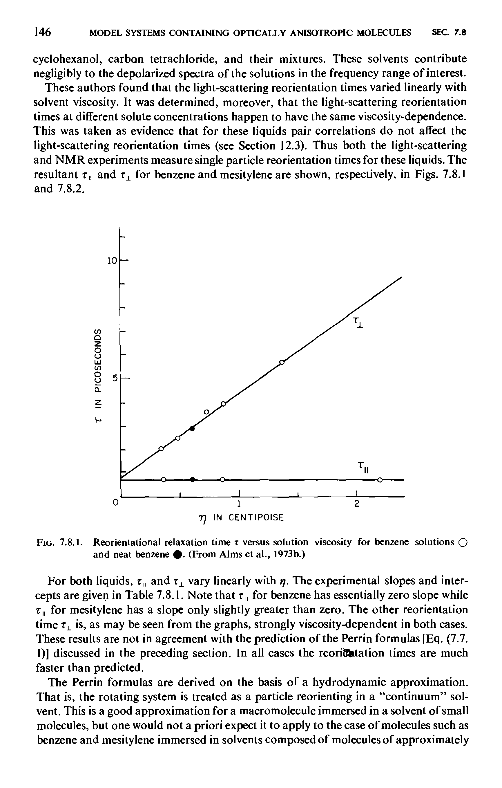 Fig. 7.8.1. Reorientational relaxation time t versus solution viscosity for benzene solutions O and neat benzene. (From Alms et al., 1973b.)...