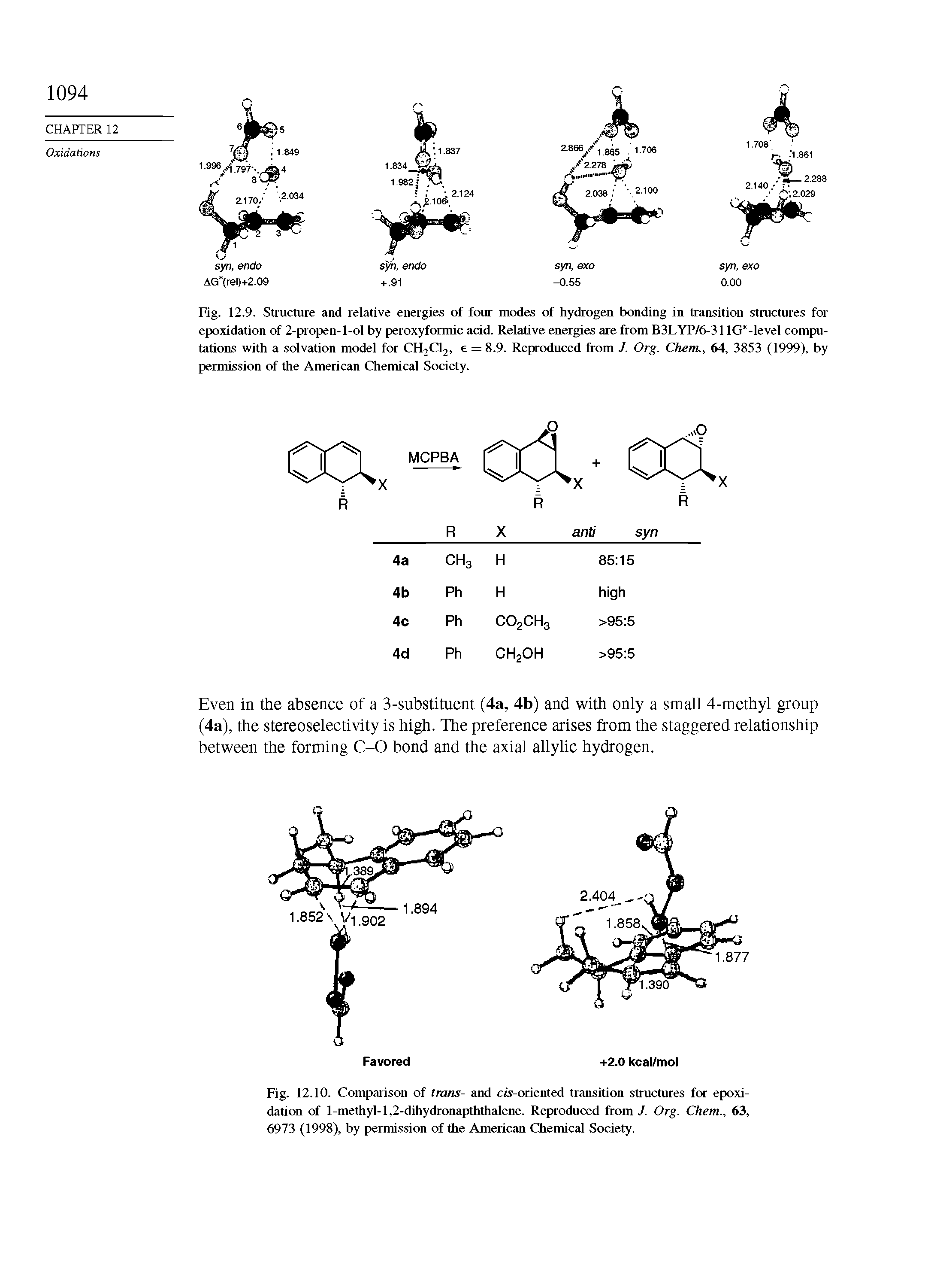 Fig. 12.9. Structure and relative energies of four modes of hydrogen bonding in transition structures for epoxidation of 2-propen-l-ol by peroxyformic acid. Relative energies are from B3I.YP/6-311G -level computations with a solvation model for CH2C12, e = 8.9. Reproduced from / Org. Chem., 64, 3853 (1999), by permission of the American Chemical Society.