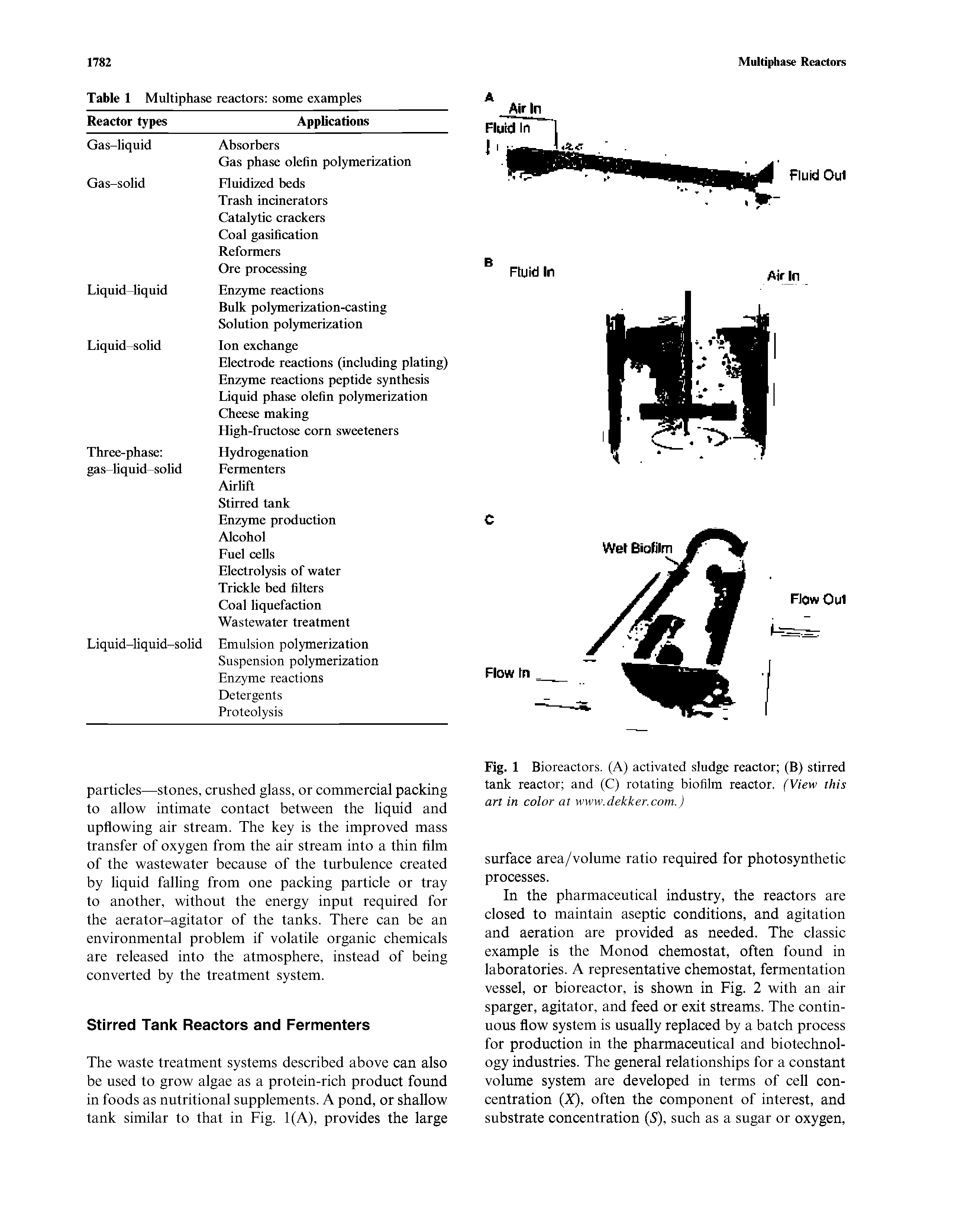 Fig. 1 Bioreactors. (A) activated sludge reactor (B) stirred tank reactor and (C) rotating biofilm reactor. (View this art in color at www.dekker.com.)...