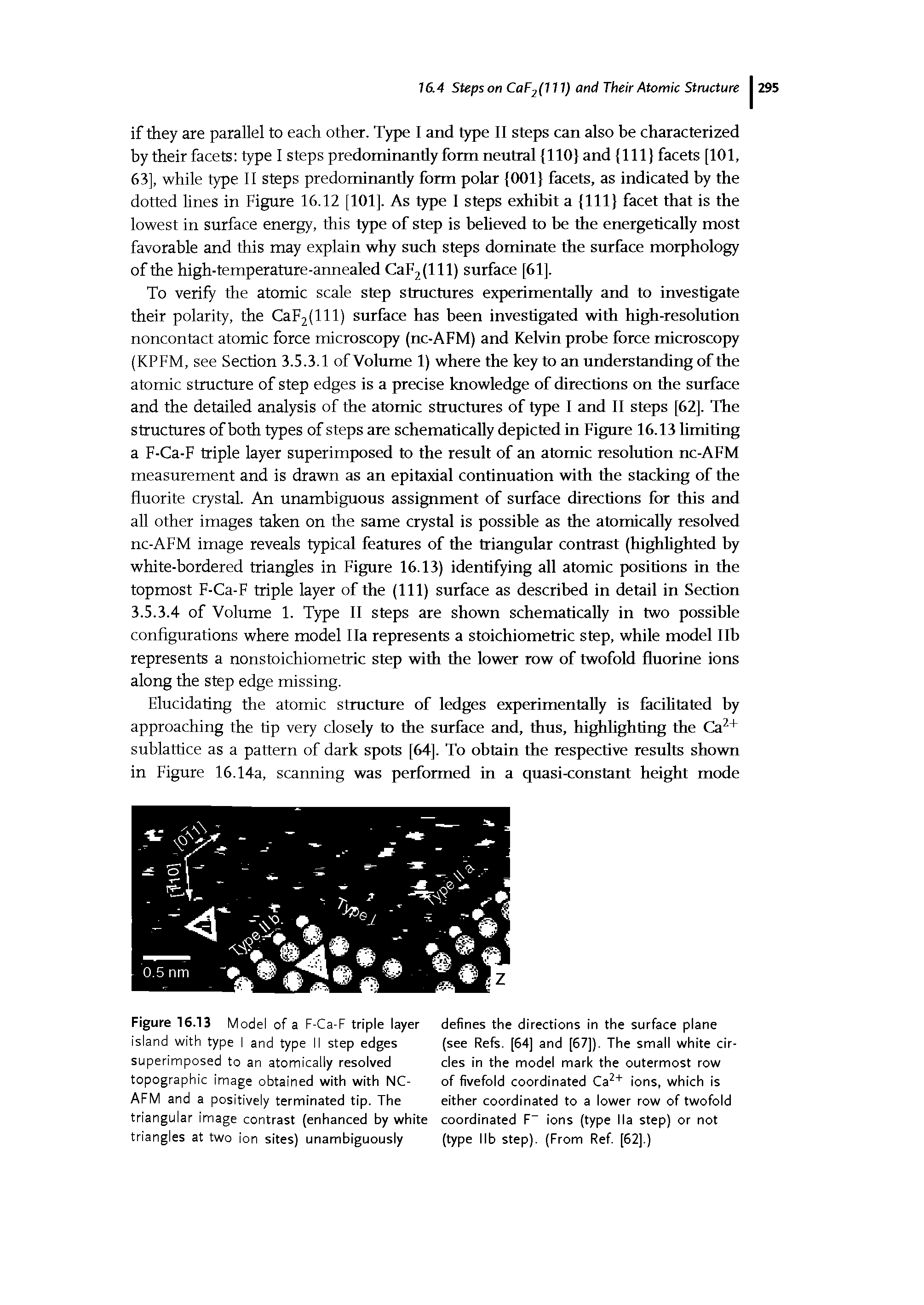 Figure 16.13 Model of a F-Ca-F triple layer island with type I and type II step edges superimposed to an atomically resolved topographic image obtained with with NC-AFM and a positively terminated tip. The triangular image contrast (enhanced by white triangles at two ion sites) unambiguously...