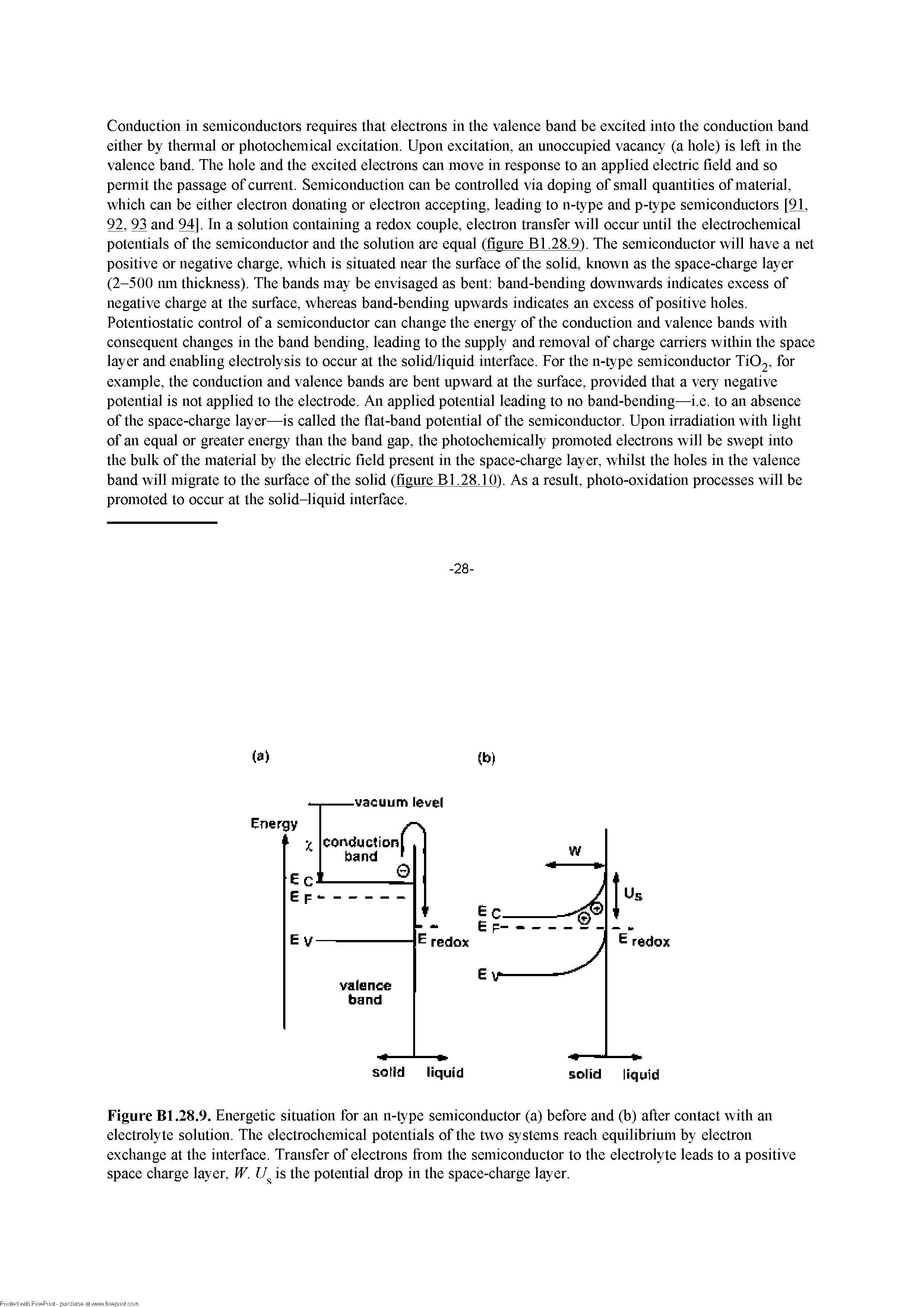 Figure Bl.28.9. Energetic sitiration for an n-type semiconductor (a) before and (b) after contact with an electrolyte solution. The electrochemical potentials of the two systems reach equilibrium by electron exchange at the interface. Transfer of electrons from the semiconductor to the electrolyte leads to a positive space charge layer, W. is the potential drop in the space-charge layer.