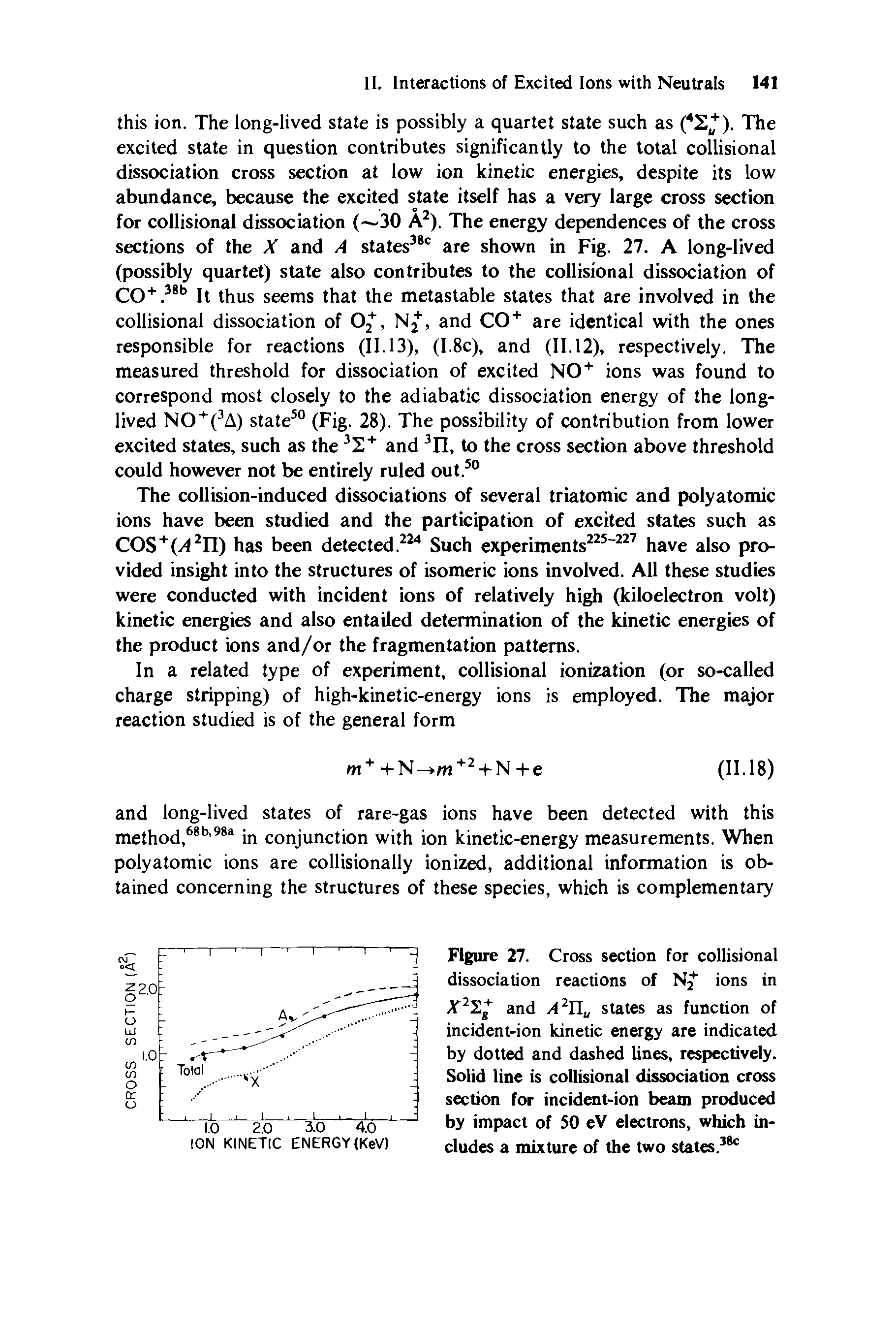 Figure 27. Cross section for collisional dissociation reactions of N/ ions in X22g and A2nu states as function of incident-ion kinetic energy are indicated by dotted and dashed lines, respectively. Solid line is collisional dissociation cross section for incident-ion beam produced by impact of 50 eV electrons, which includes a mixture of the two states.380...