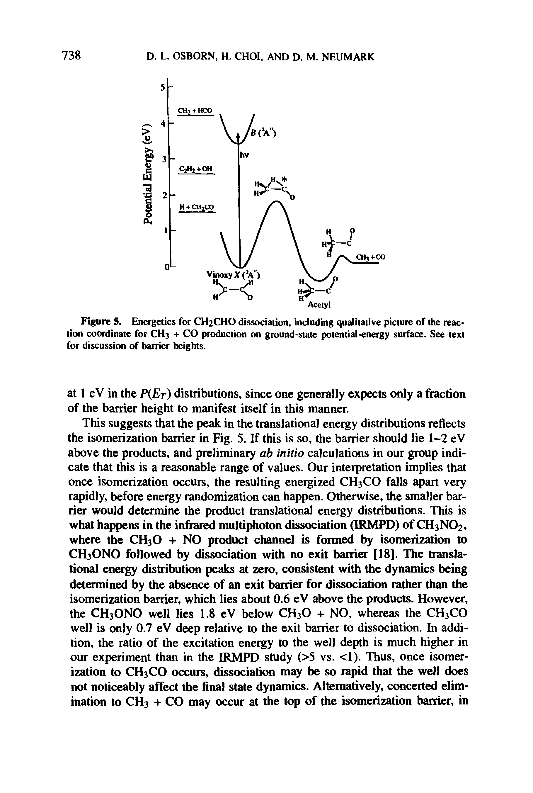 Figure 5. Energetics for CH2CHO dissociation, including qualitative picture of the reaction coordinate for CH3 + CO production on ground-state potential-energy surface. See text for discussion of barrier heights.