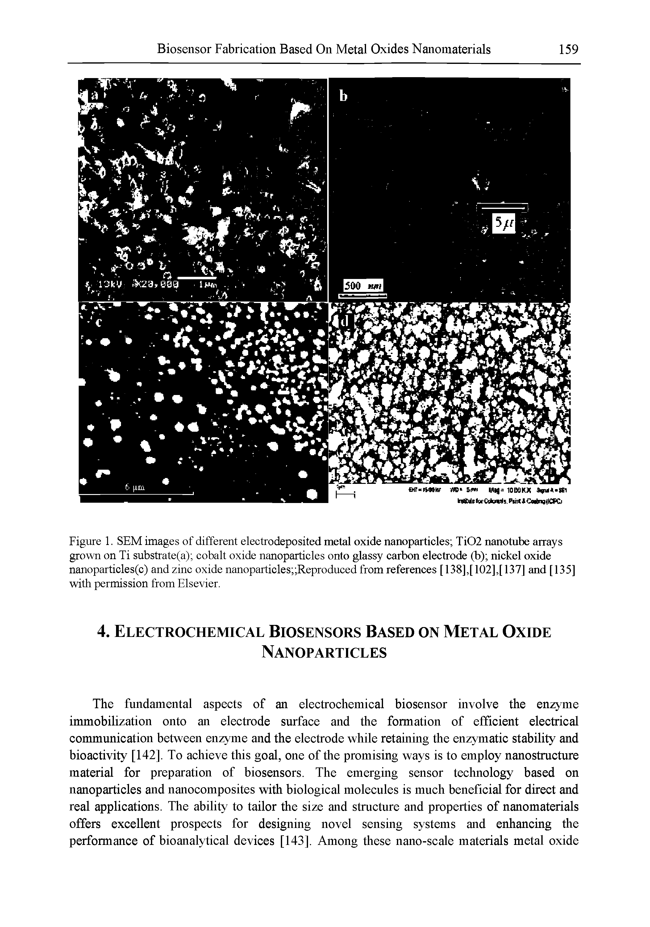 Figure 1. SEM images of different electrodeposited metal oxide nanoparticles Ti02 nanotube arrays grown on Ti substrate(a) cobalt oxide nanoparticles onto glassy carbon electrode (b) nickel oxide nanoparticles(c) and zinc oxide nanoparticles Reproduced from references [ 138],[ 102],[ 137] and [135] with permission from Elsevier.