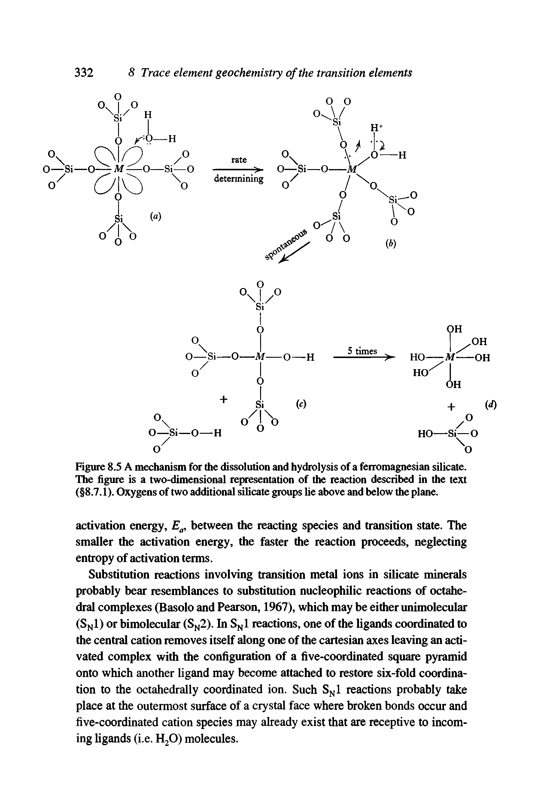 Figure 8.5 A mechanism for the dissolution and hydrolysis of a ferromagnesian silicate. The figure is a two-dimensional representation of the reaction described in the text ( 8.7.1). Oxygens of two additional silicate groups lie above and below the plane.