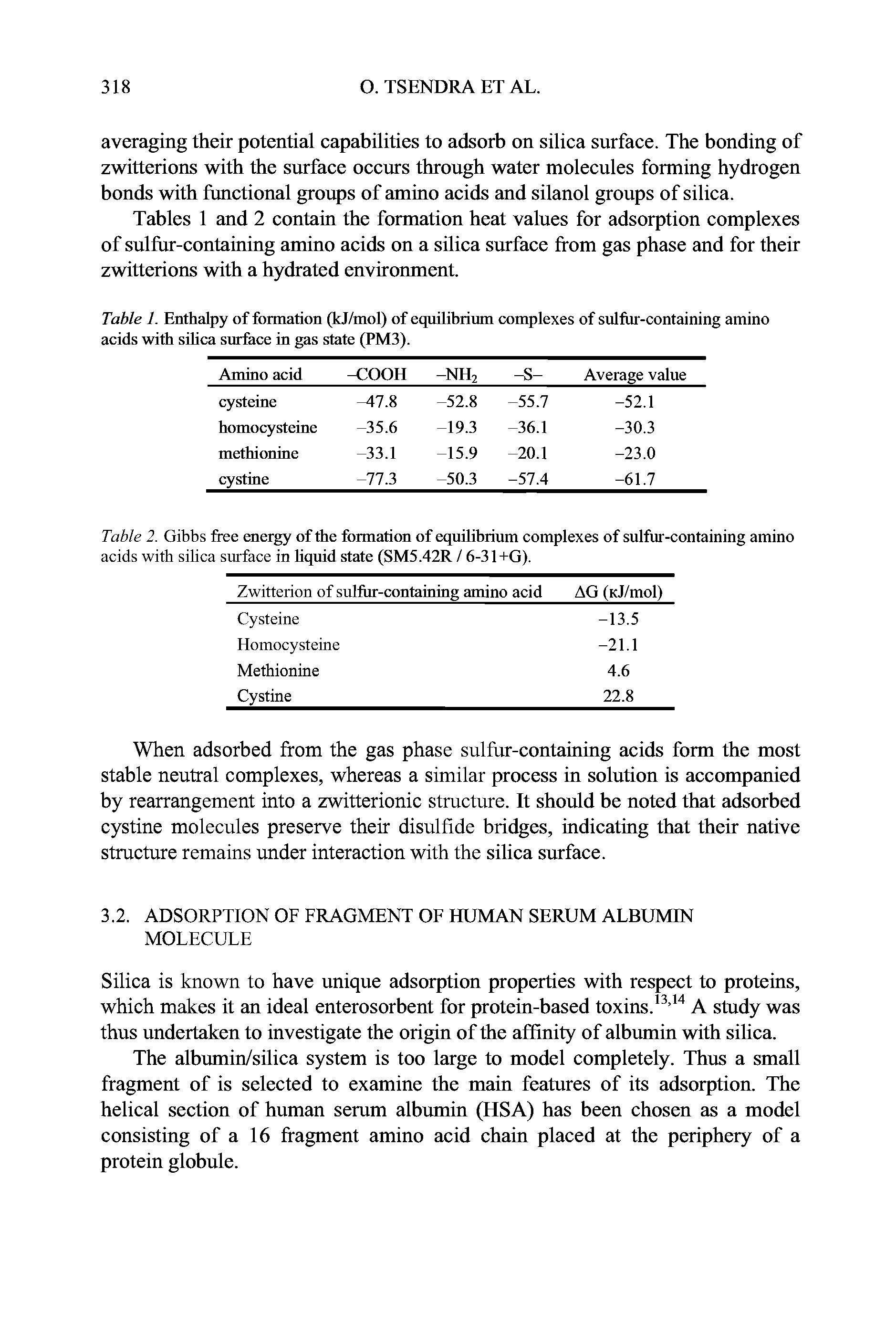 Table 2. Gibbs free energy of the formation of equilibrium complexes of sulfur-containing amino acids with silica surface in hquid state (SM5.42R / 6-31+G).