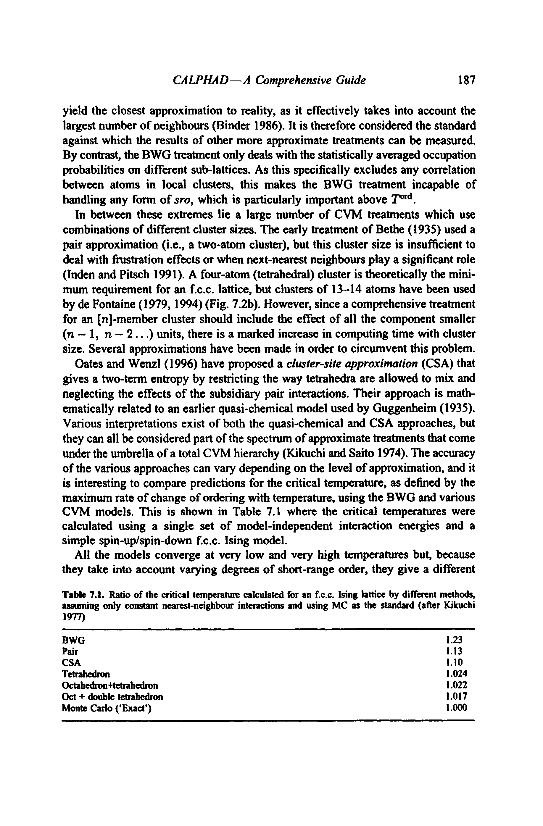 Table 7.1. Ratio of the critical temperature calculated for an f.c.c. Ising lattice by different methods, assuming only constant nearest-nei bour interactions and using MC as the standard (after Kikuchi 1977)...