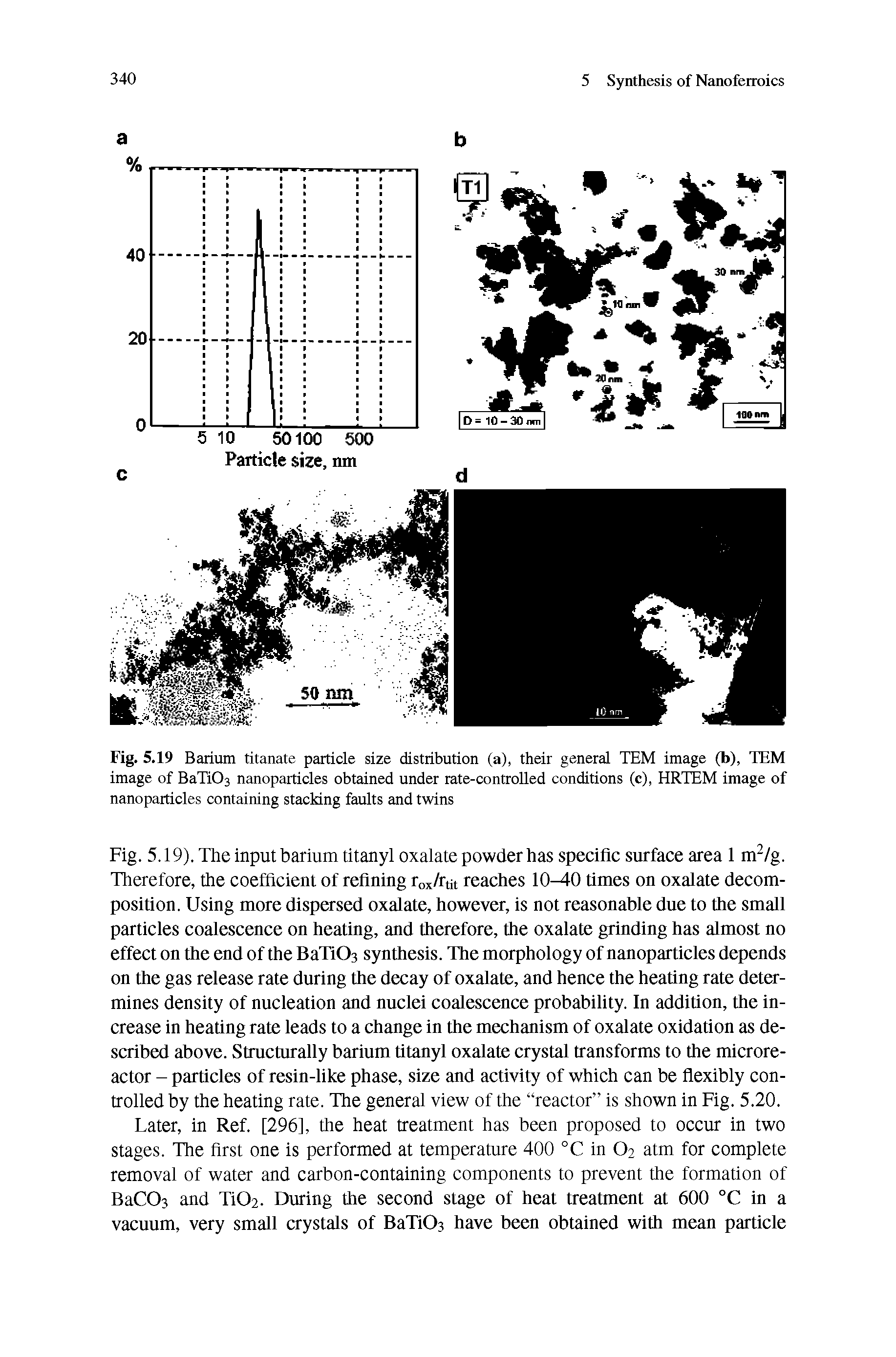 Fig. 5.19). The input barium titanyl oxalate powder has specific surface area 1 m /g. Therefore, the coefficient of refining rox/rut reaches 10 0 times on oxalate decomposition. Using more dispersed oxalate, however, is not reasonable due to the small particles coalescence on heating, and therefore, the oxalate grinding has almost no effect on the end of the BaTiOs synthesis. The morphology of nanoparticles depends on the gas release rate during the decay of oxalate, and hence the heating rate determines density of nucleation and nuclei coalescence probability. In addition, the increase in heating rate leads to a change in the mechanism of oxalate oxidation as described above. Structurally barium titanyl oxalate crystal transforms to the microreactor - particles of resin-like phase, size and activity of which can be flexibly controlled by the heating rate. The general view of the reactor is shown in Fig. 5.20.
