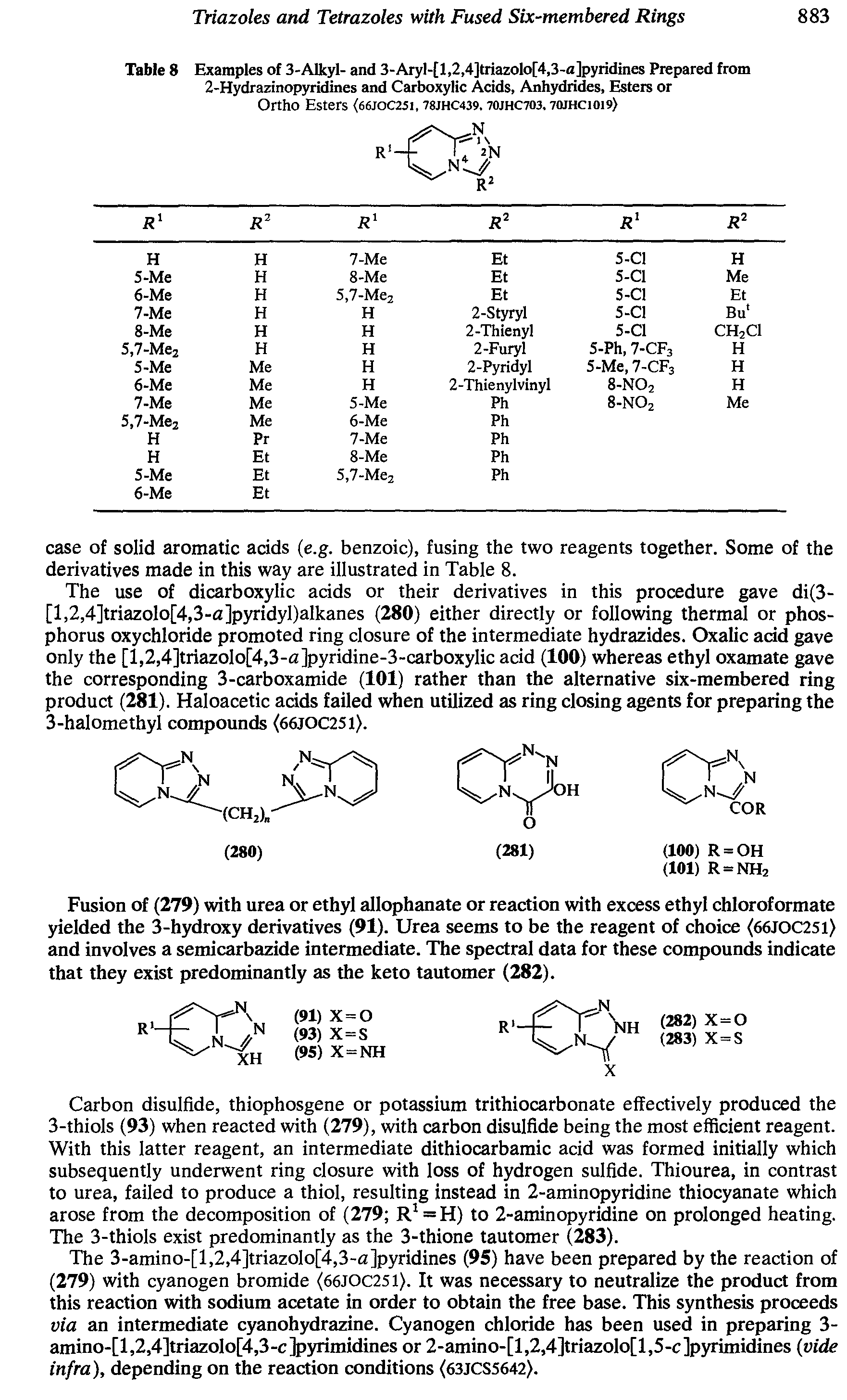 Table 8 Examples of 3-Alkyl- and 3-Aryl-[l,2,4]triazolo[4,3-a]pyridines Prepared from 2-Hydrazinopyridines and Carboxylic Acids, Anhydrides, Esters or Ortho Esters <66JOC25i, 78JHC439.7OJHC703,70JHC1019)...