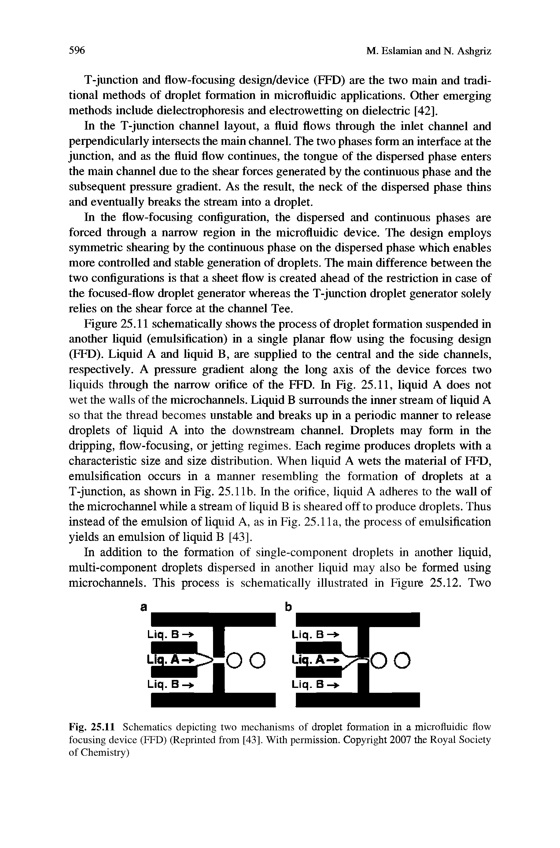 Fig. 25.11 Schematics depicting two mechanisms of droplet foimation in a microfluidic flow focusing device (FFD) (Reprinted from [43]. With permission. Copyright 2007 the Royal Society of Chemistry)...
