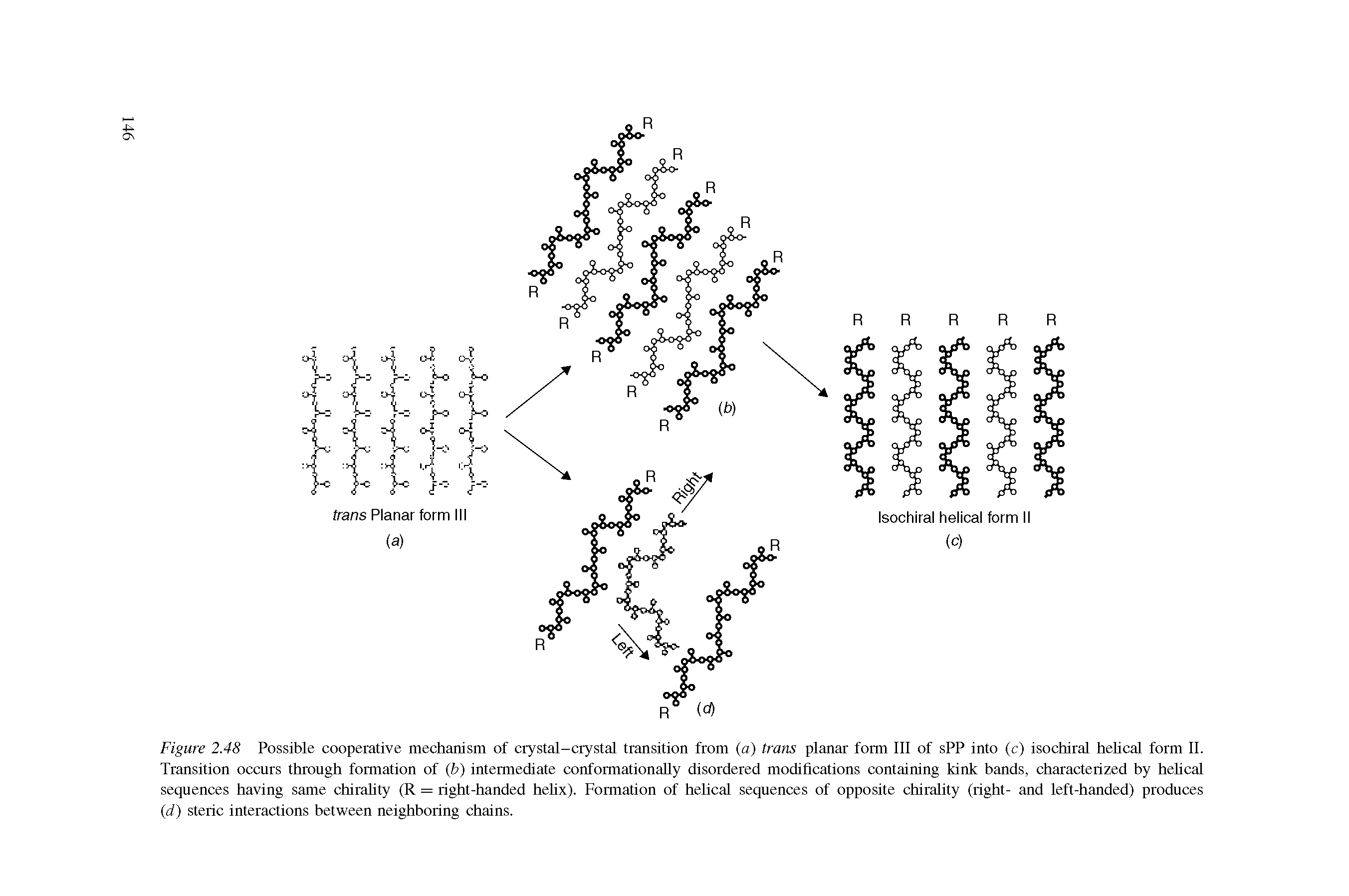 Figure 2.48 Possible cooperative mechanism of crystal-crystal transition from (a) trans planar form III of sPP into (c) isochiral helical form II. Transition occurs through formation of (b) intermediate conformationally disordered modifications containing kink bands, characterized by helical sequences having same chirality (R = right-handed helix). Formation of helical sequences of opposite chirality (right- and left-handed) produces (if) steric interactions between neighboring chains.