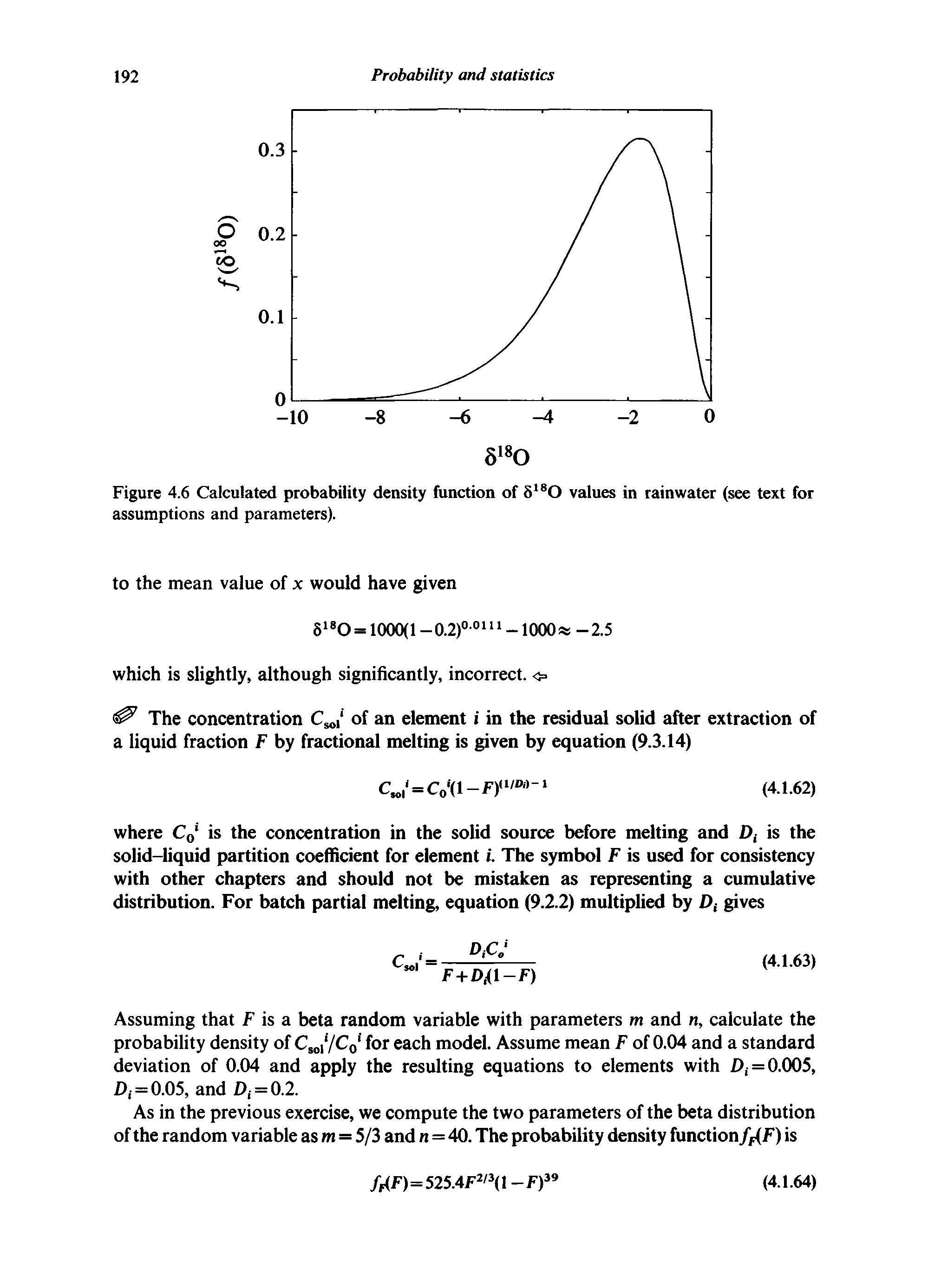 Figure 4.6 Calculated probability density function of 5lsO values in rainwater (see text for assumptions and parameters).