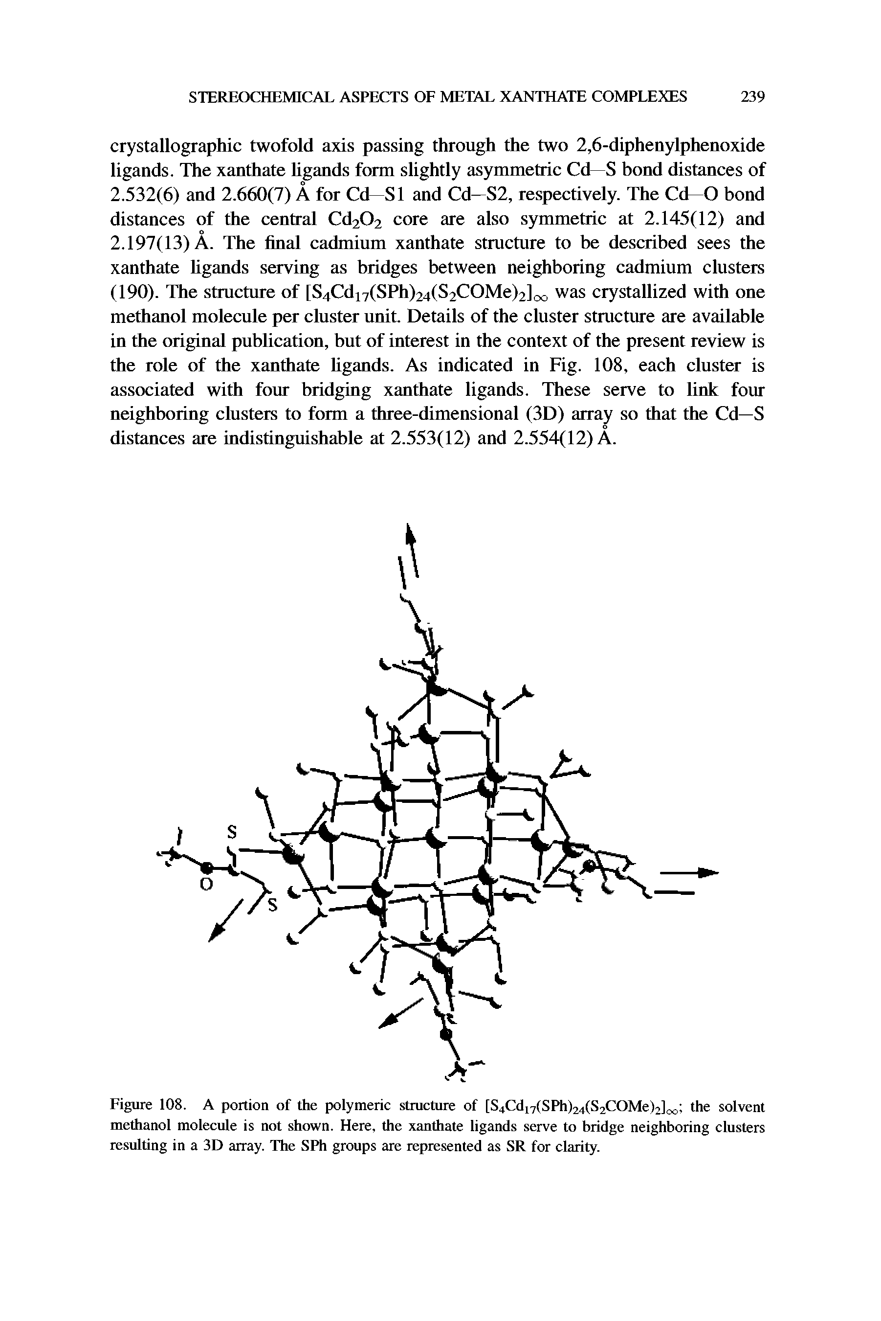 Figure 108. A portion of the polymeric structure of [SjCd tSPh O f-OMeF], the solvent methanol molecule is not shown. Here, the xanthate ligands serve to bridge neighboring clusters resulting in a 3D array. The SPh groups are represented as SR for clarity.