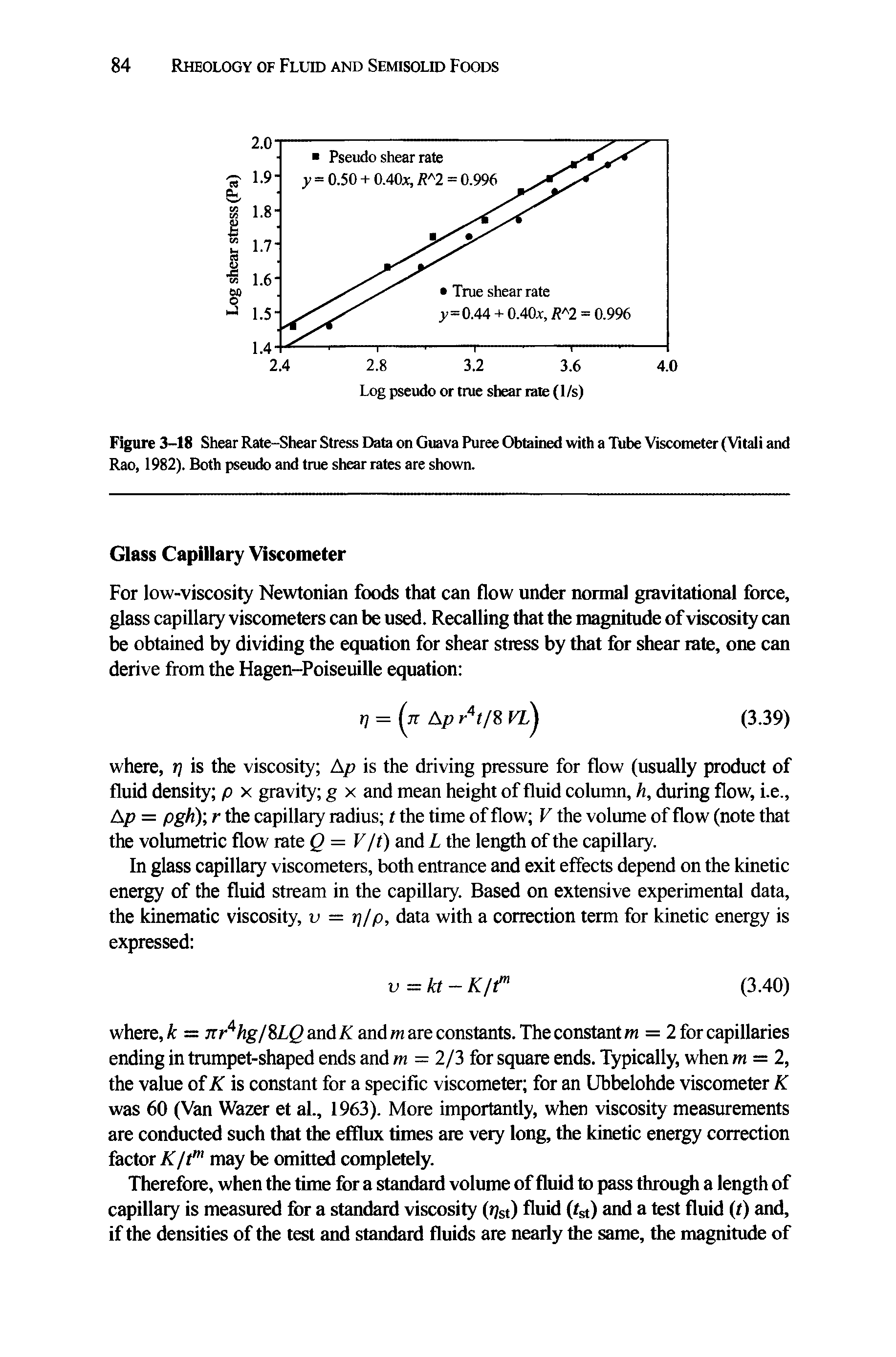 Figure 3-18 Shear Rate-Shear Stress Data on Guava Puree Obtained with a Tube Viscometer (Vitaii and Rao, 1982). Both pseudo and true shear rates are shown.