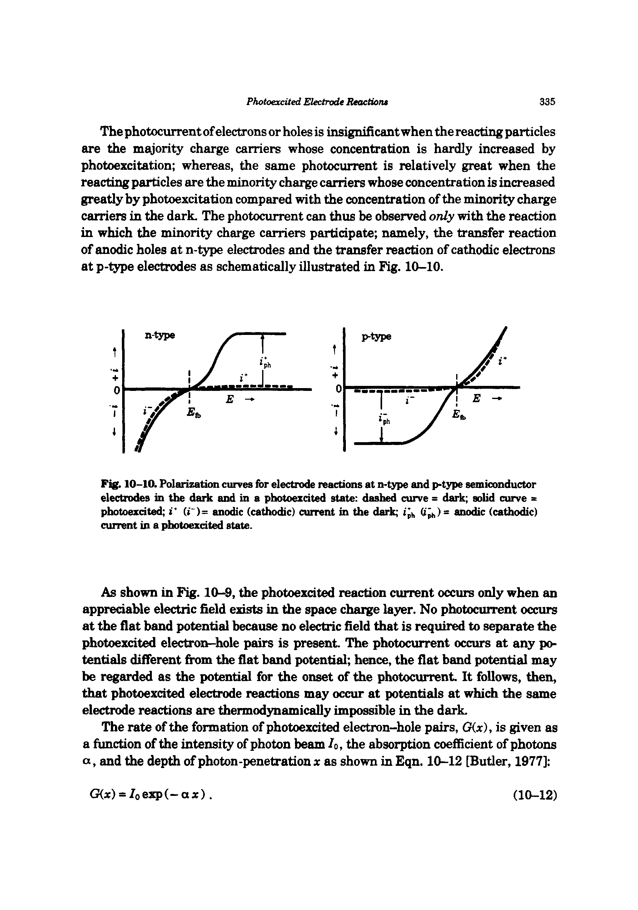 Fig. 10-10. Polarization curves for electrode reactions at n-type and p type semiconductor electrodes in the dark and in a photoezdted state dashed curve = dark solid curve = photoexcited V (i )= anodic (cathodic) current in the dark tpi, (t ) = anodic (cathodic) current in a photoexcited state.
