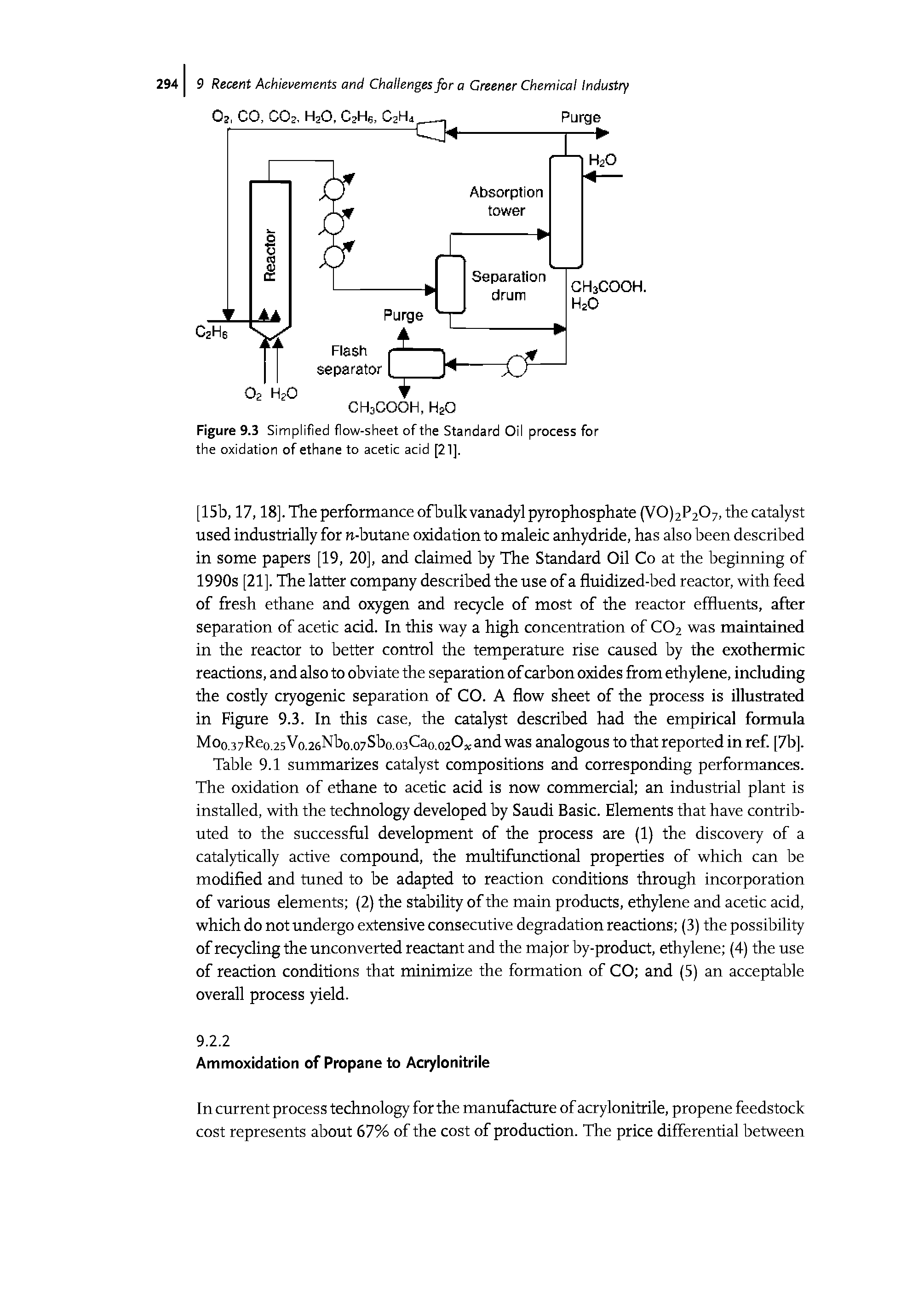 Figure 9.3 Simplified flow-sheet of the Standard Oil process for the oxidation of ethane to acetic acid [21],...
