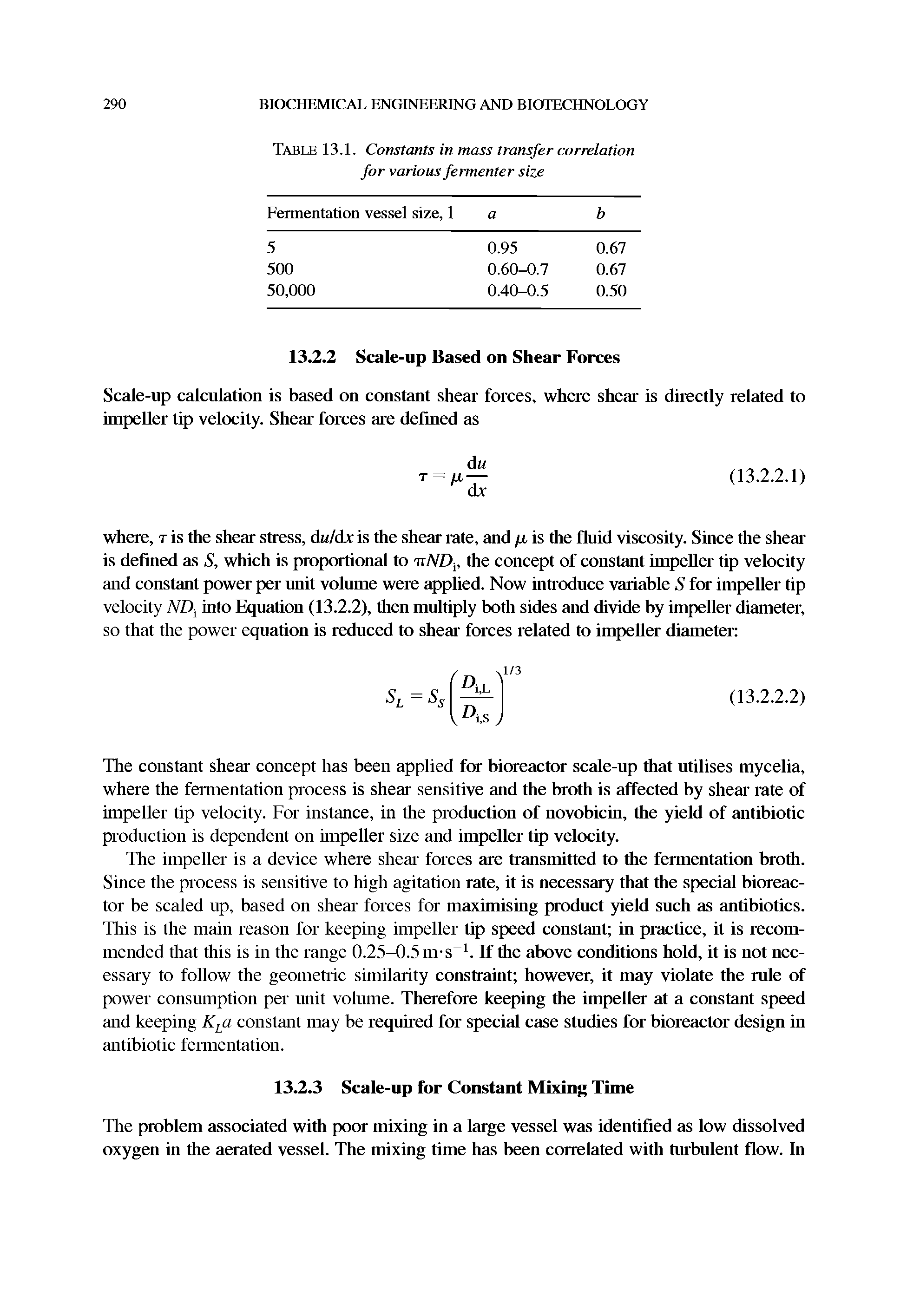 Table 13.1. Constants in mass transfer correlation for various fermenter size...