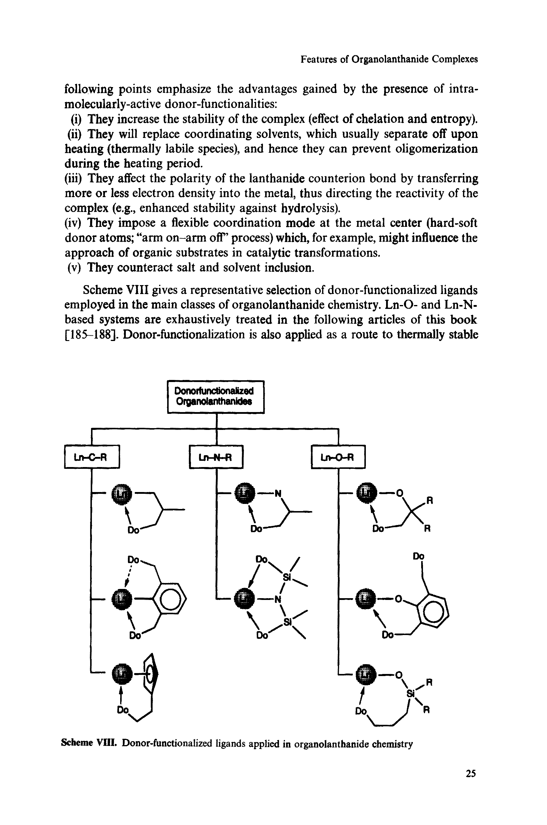 Scheme VIII gives a representative selection of donor-functionalized ligands employed in the main classes of organolanthanide chemistry. Ln-O- and Ln-N-based systems are exhaustively treated in the following articles of this book [185-188]. Donor-functionalization is also applied as a route to thermally stable...