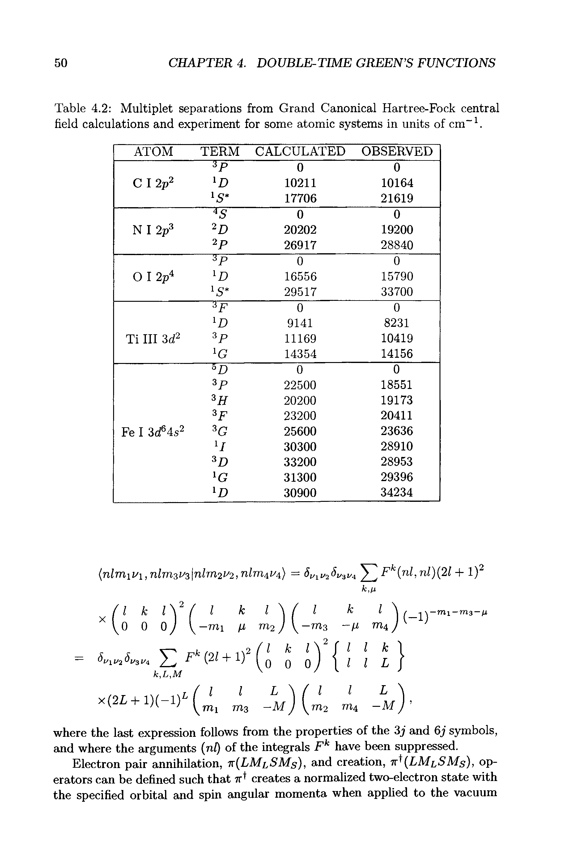 Table 4.2 Multiplet separations from Grand Canonical Hartree-Fock central field calculations and experiment for some atomic systems in units of cm. ...