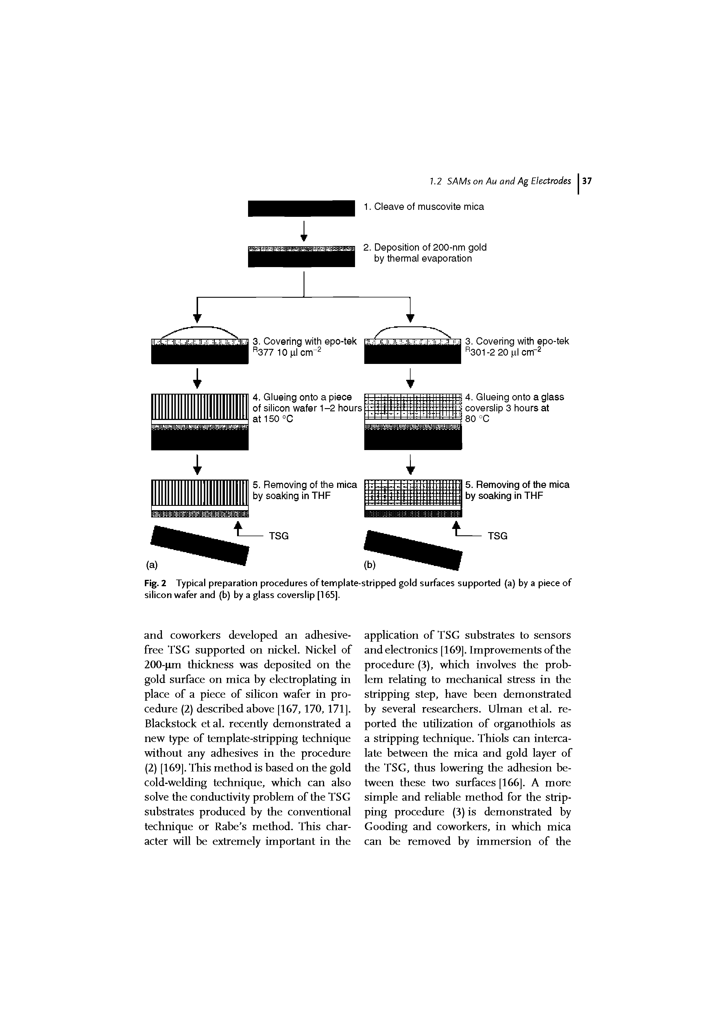 Fig. 2 Typical preparation procedures of template-stripped gold surfaces supported (a) by a piece of silicon wafer and (b) by a glass coverslip [165].
