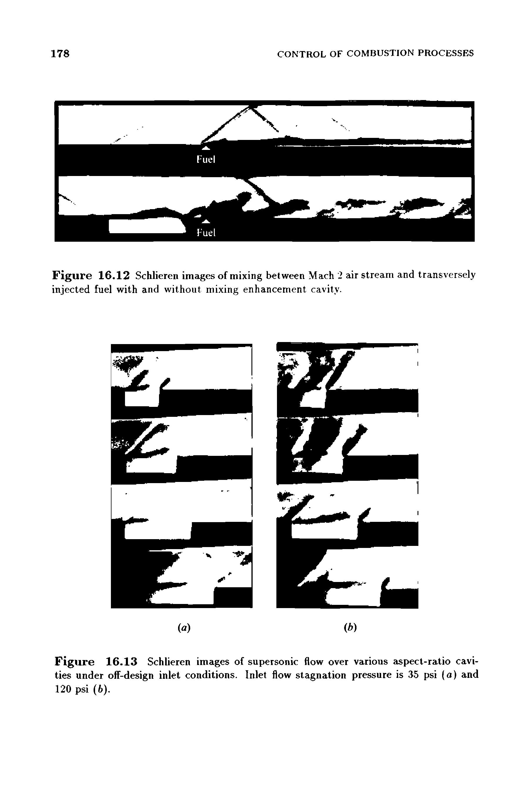 Figure 16.13 Schlieren images of supersonic flow over various aspect-ratio cavities under off-design inlet conditions. Inlet flow stagnation pressure is 35 psi (a) and 120 psi (6).