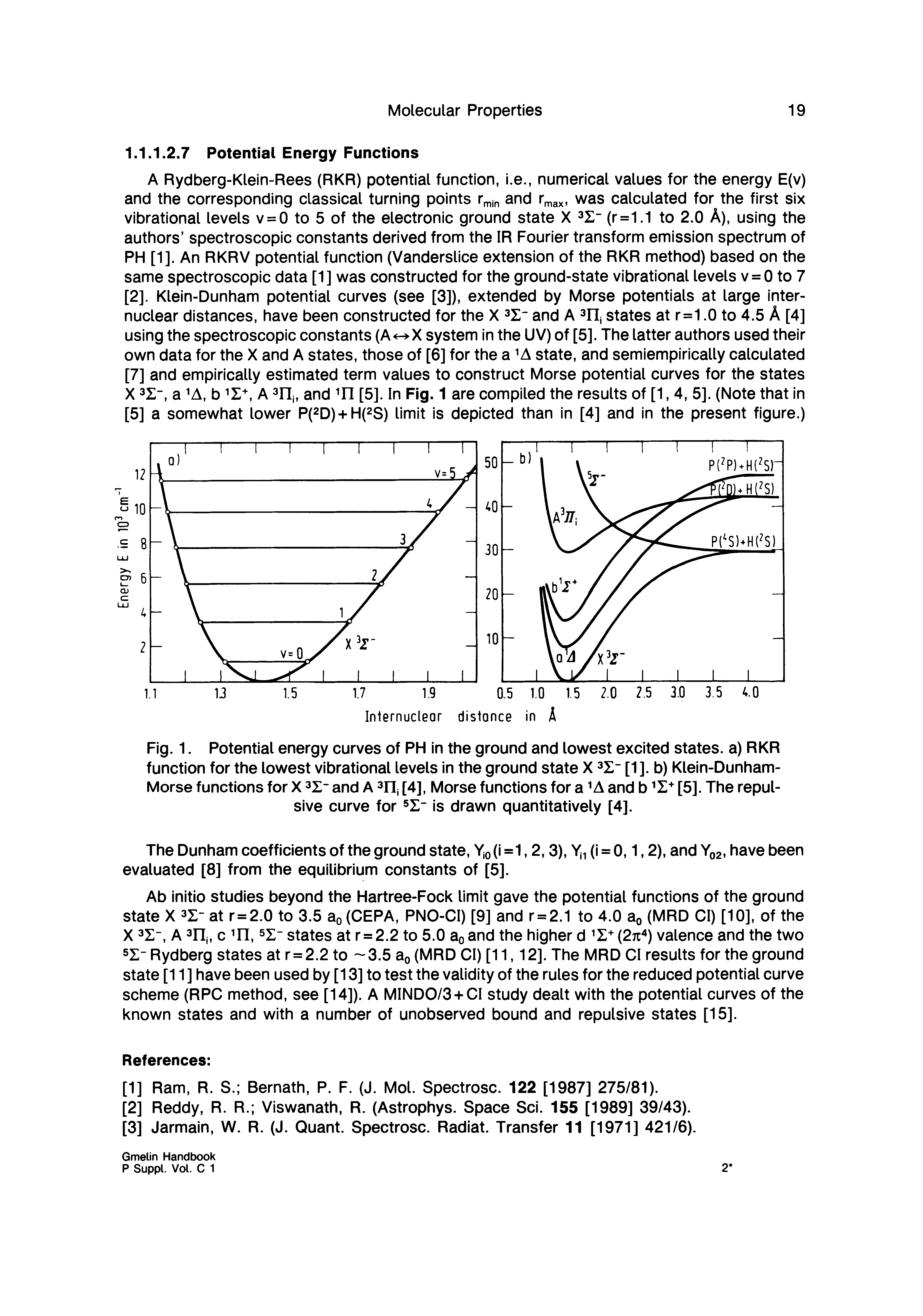Fig. 1. Potential energy curves of PH in the ground and lowest excited states, a) RKR function for the lowest vibrational levels in the ground state X [1]. b) Klein-Dunham-Morse functions for X Z and A ITj [4], Morse functions for a A and b Z [5]. The repulsive curve for is drawn quantitatively [4].