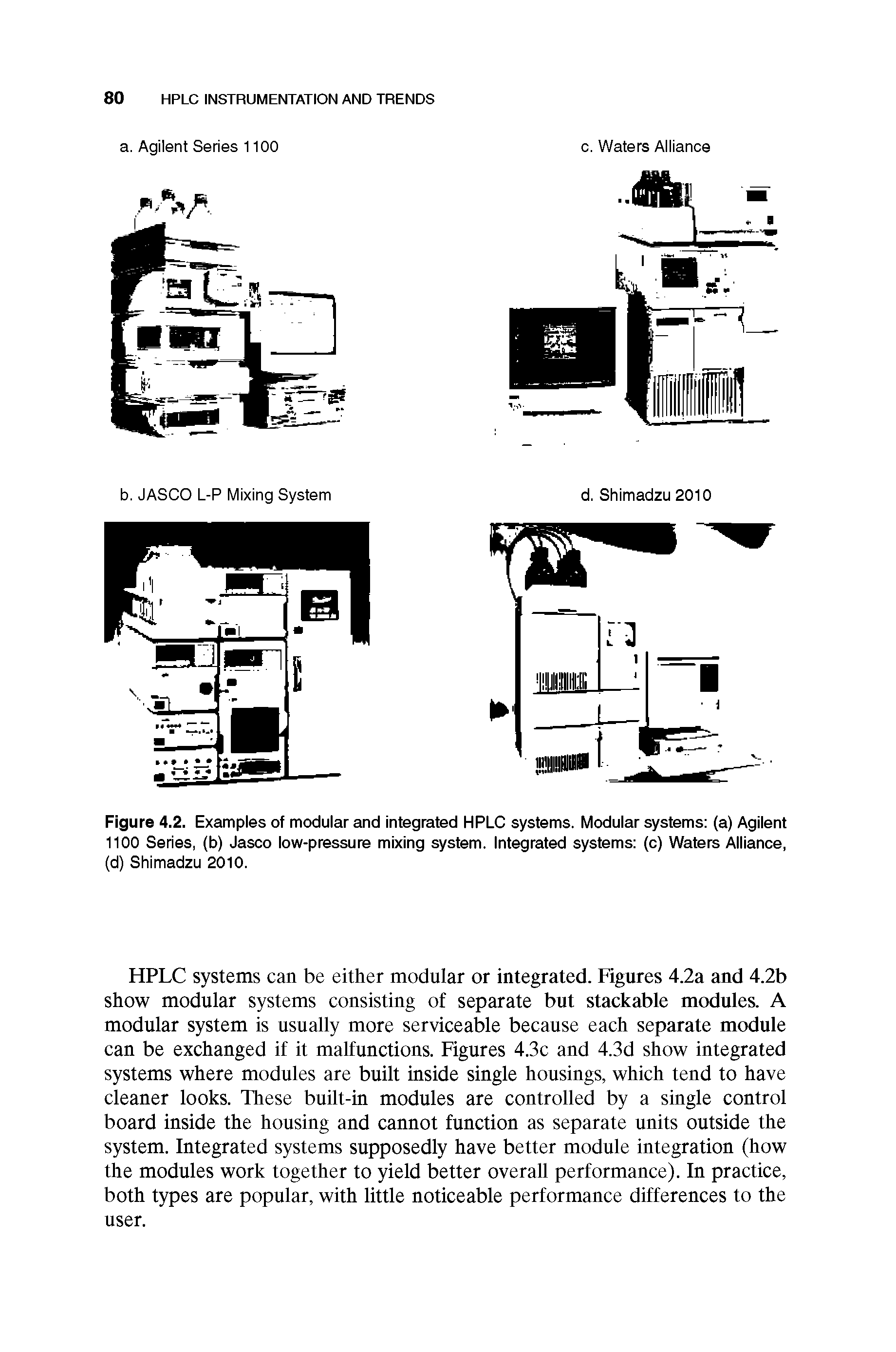 Figure 4.2. Examples of modular and integrated HPLC systems. Modular systems (a) Agilent 1100 Series, (b) Jasco low-pressure mixing system. Integrated systems (c) Waters Alliance, (d) Shimadzu 2010.