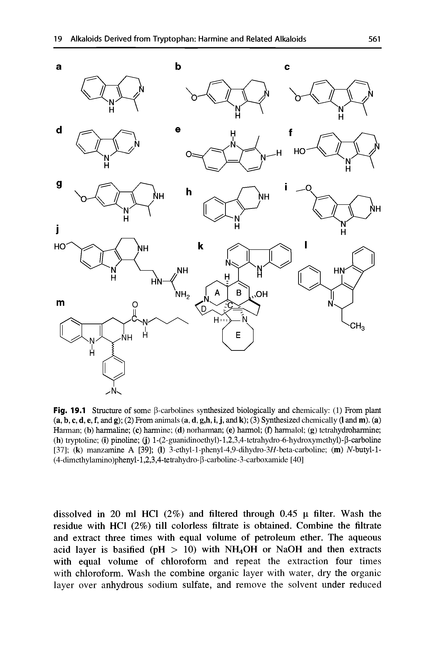 Fig. 19.1 Structure of some P-carbolines synthesized biologically and chemically (1) Prom plant (a, b, c, d, e, f, and g) (2) Prom animals (a, d, g,h, i, j, and k) (3) Synthesized chanically (1 and m). (a) Harman (b) harmaline (c) harmine (d) norharman (e) hatmol (f) harmalol (g) tetrahydrohatmine (h) tryptoline (i) pinoline (j) l-(2-guanidinoethyl)-l,2,3,4-tetrahydro-6-hydroxymethyl)-P-carboline [37] (k) manzamine A [39] (1) 3-ethyl-l-phenyM,9-dihydro-3//-beta-carbolme (m) lV-butyl-1-(4-dimethylammo)phenyl-l,2,3,4-tetrahydro-P-carboline-3-carboxamide [40]...