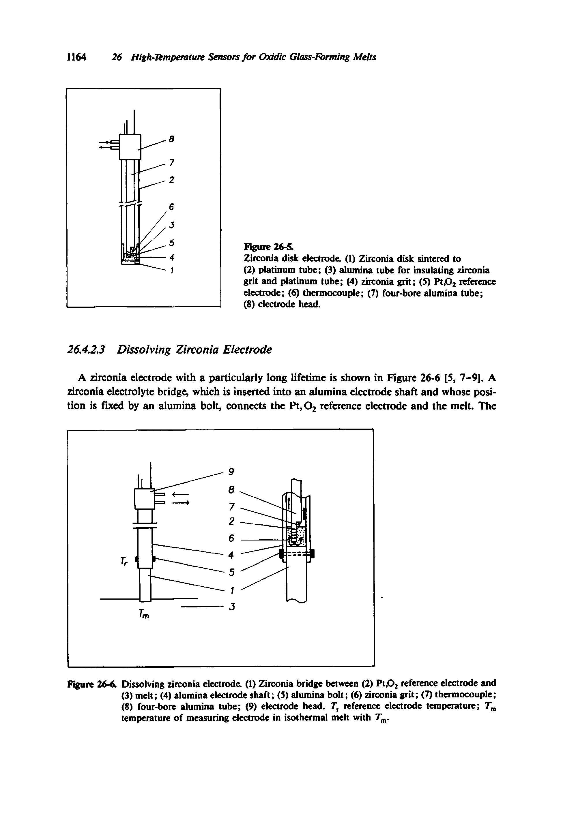 Figure 2/6-6. Dissolving zirconia electrode. (1) Zirconia bridge between (2) Pt,02 reference electrode and (3) melt (4) alumina electrode shaft (5) alumina bolt (6) zirconia grit (7) thermocouple (8) four-bore alumina tube (9) electrode head. T, reference electrode temperature temperature of measuring electrode in isothermal melt with T, .