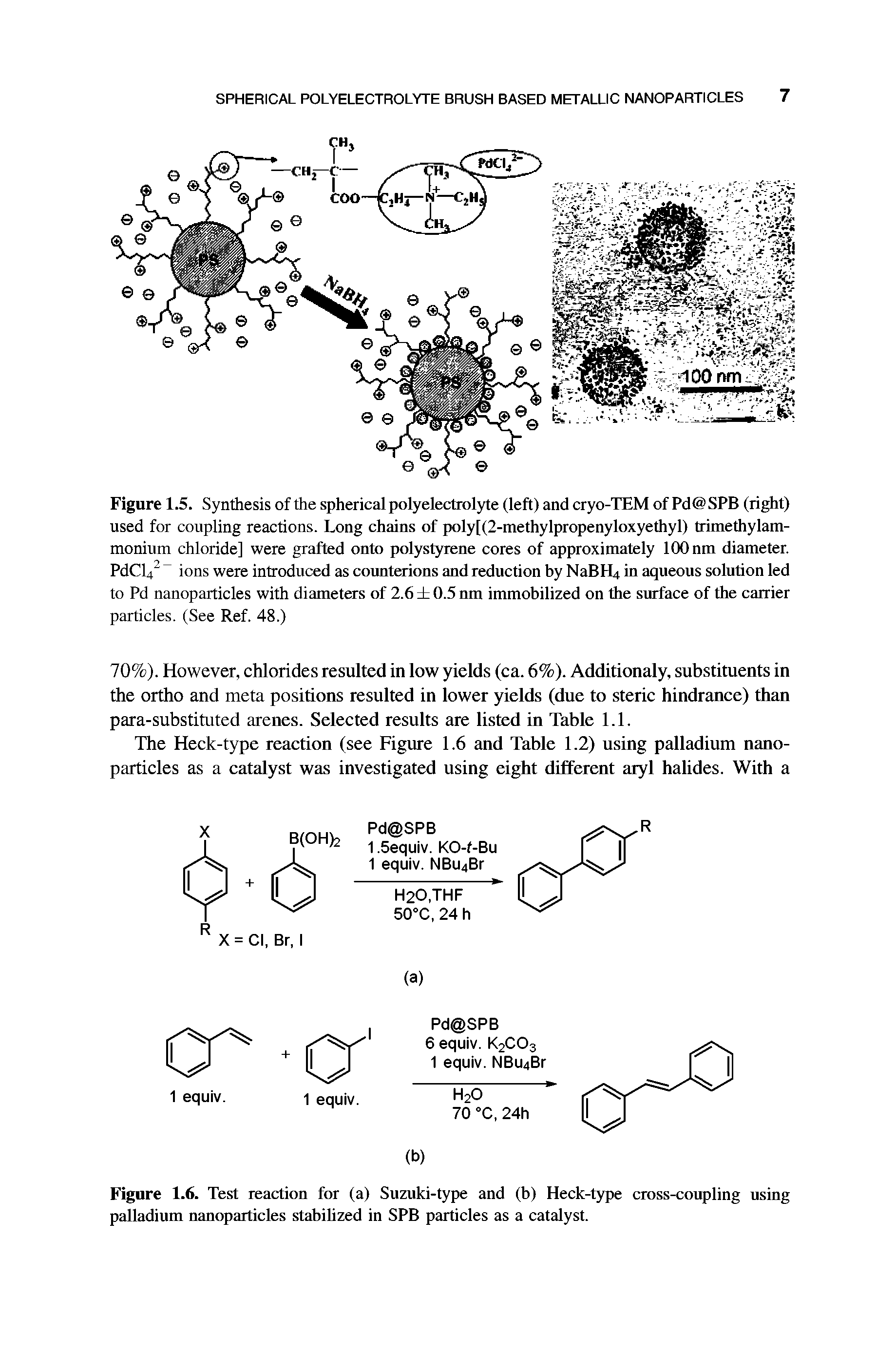 Figure 1.6. Test reaction for (a) Suzuki-type and (h) Heck-type cross-coupling using palladium nanoparticles stahihzed in SPB particles as a catalyst.