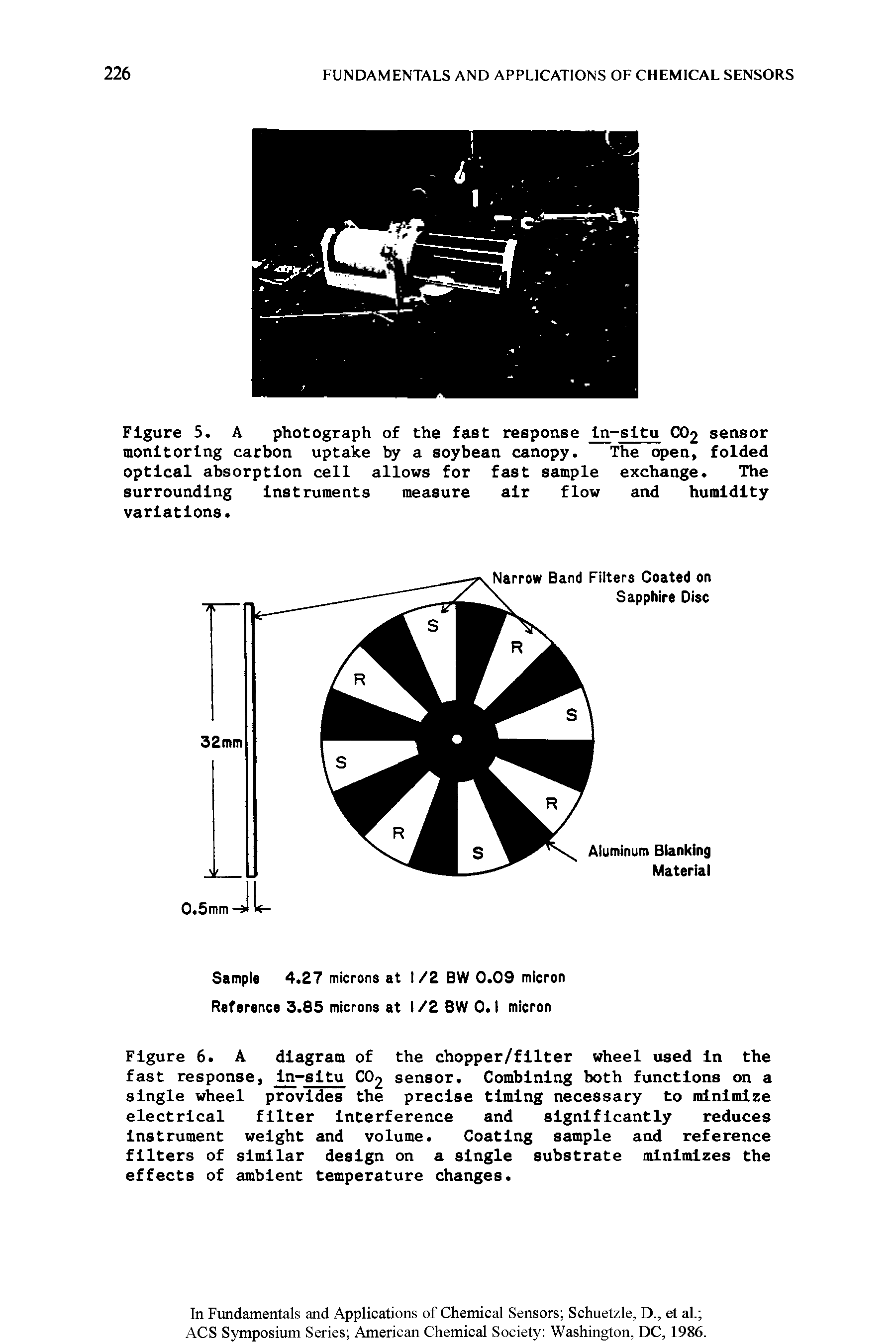 Figure 6. A diagram of the chopper/filter wheel used in the fast response, ln-sltu CO2 sensor. Combining both functions on a single wheel provides the precise timing necessary to minimize electrical filter interference and significantly reduces instrument weight and volume. Coating sample and reference...