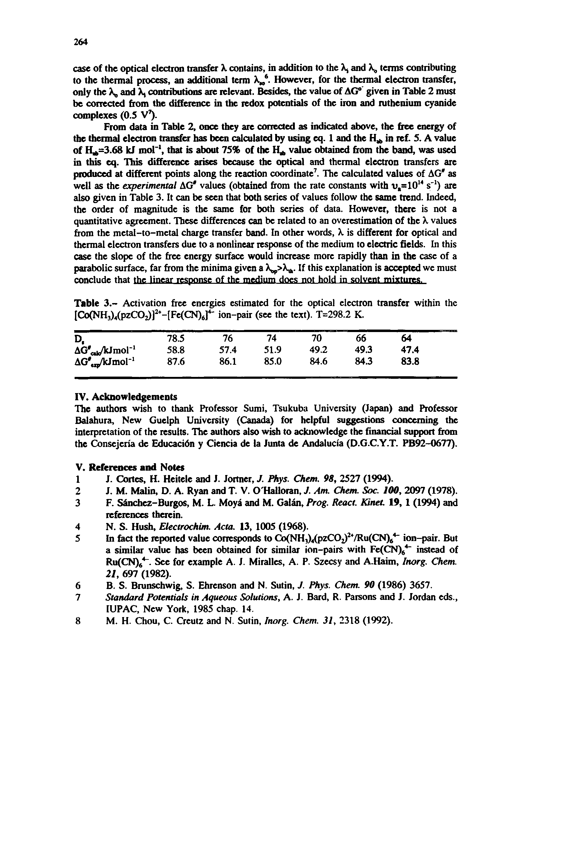Table 3.- Activation free energies estimated for the optical electron transfer within the [Co(NH3)4(pzC02)] -[Fe(CN)J ion-pair (see the text). T=298.2 K.