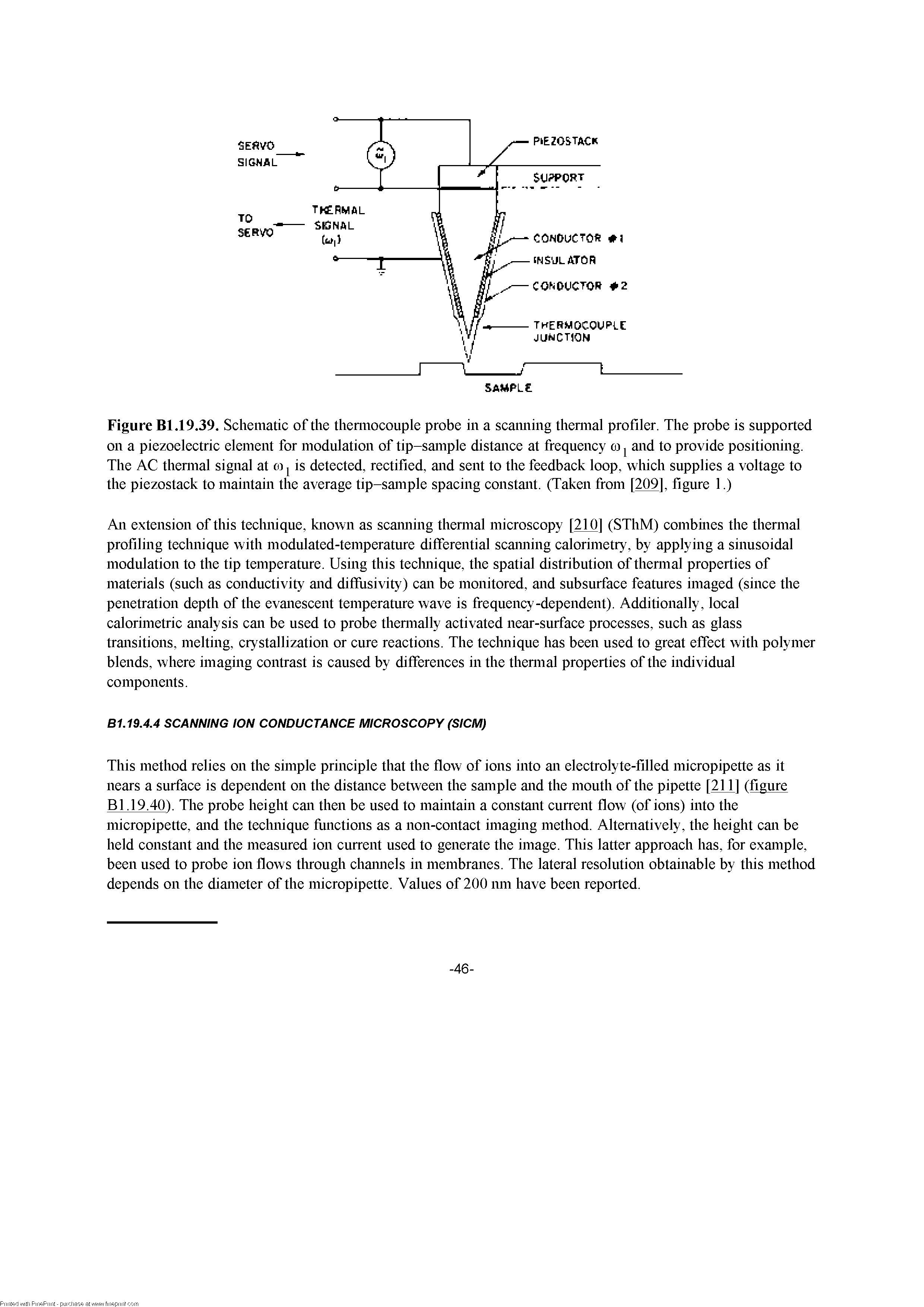 Figure Bl.19.39. Schematic of the themiocoiiple probe in a scaiming themial profiler. The probe is supported on a piezoelectric element for modulation of tip-sample distance at frequency oi and to provide positioning. The AC thennal signal at oi is detected, rectified, and sent to the feedback loop, which supplies a voltage to the piezostack to maintain the average tip-sample spacing constant. (Taken from [209], figure 1.)...