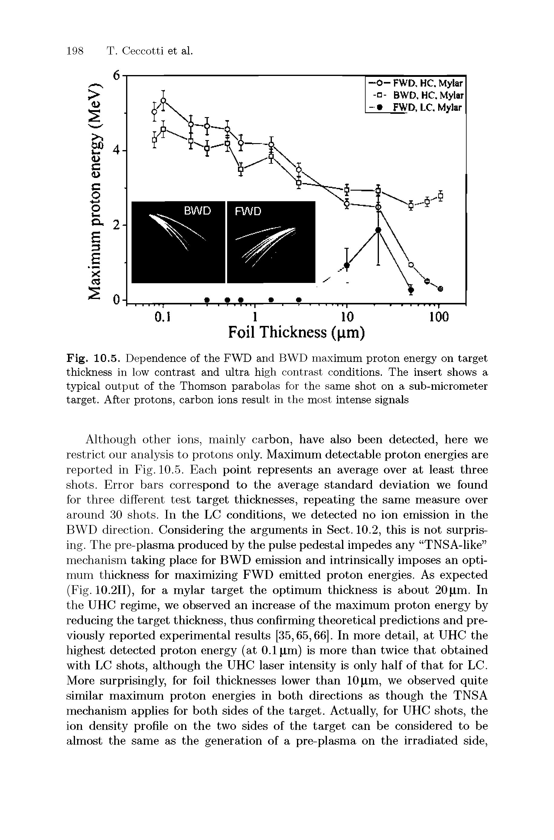 Fig. 10.5. Dependence of the FWD and BWD maximum proton energy on target thickness in low contrast and ultra high contrast conditions. The insert shows a typical output of the Thomson parabolas for the same shot on a sub-micrometer target. After protons, carbon ions result in the most intense signals...