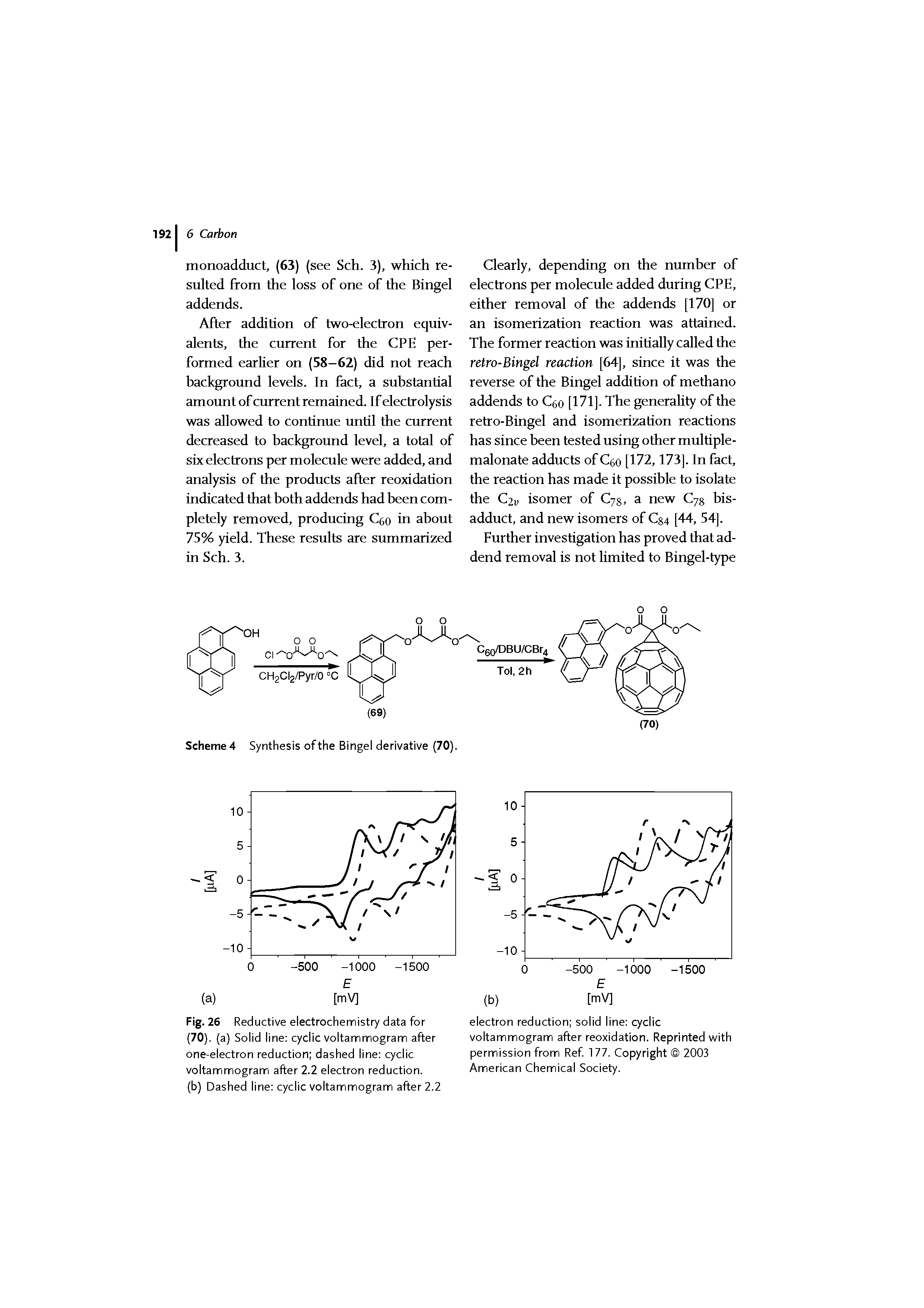 Fig. 26 Reductive electrochemistry data for (70). (a) Solid line cyclic voltammogram after one-electron reduction dashed line cyclic voltammogram after 2.2 electron reduction.