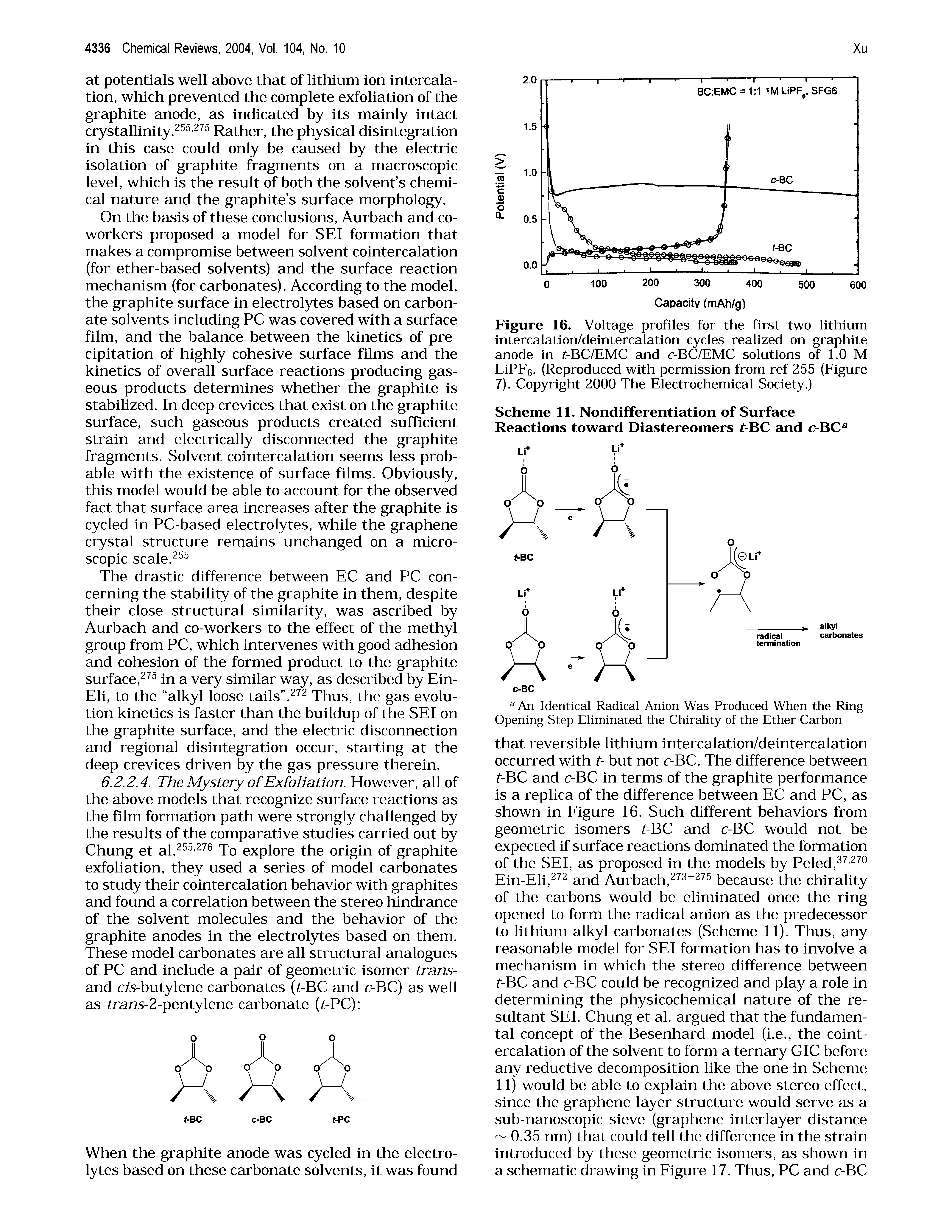 Figure 16. Voltage profiles for the first two lithium intercalation/deintercalation cycles realized on graphite anode in t-BC/EMC and c-BC/EMC solutions of 1.0 M LiPEe. (Reproduced with permission from ref 255 (Eigure 7). Copyright 2000 The Electrochemical Society.)...