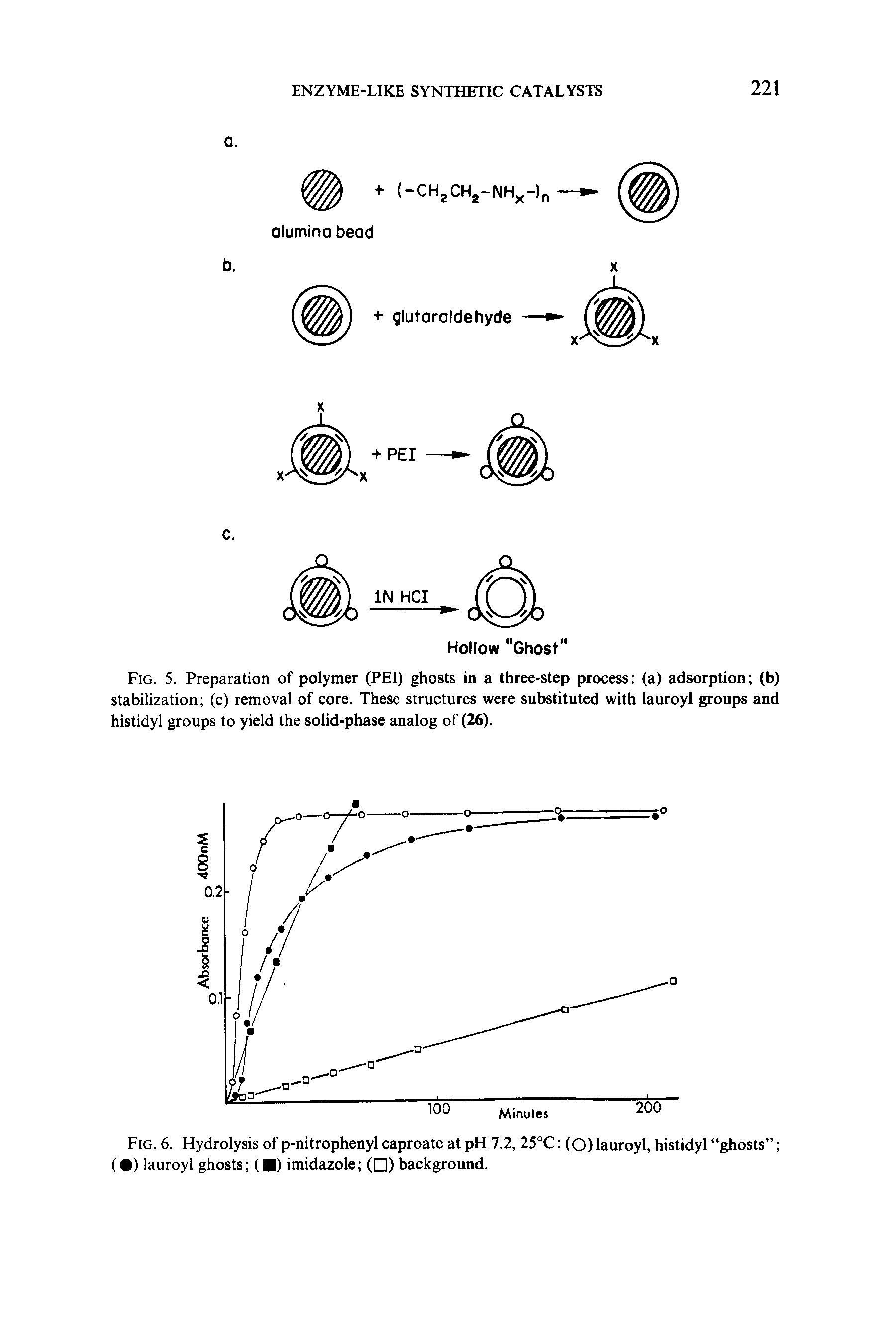 Fig. 6. Hydrolysis of p-nitrophenyl caproate at pH 7.2, 25°C (O) lauroyl, histidyl ghosts ( ) lauroyl ghosts ( ) imidazole ( ) background.