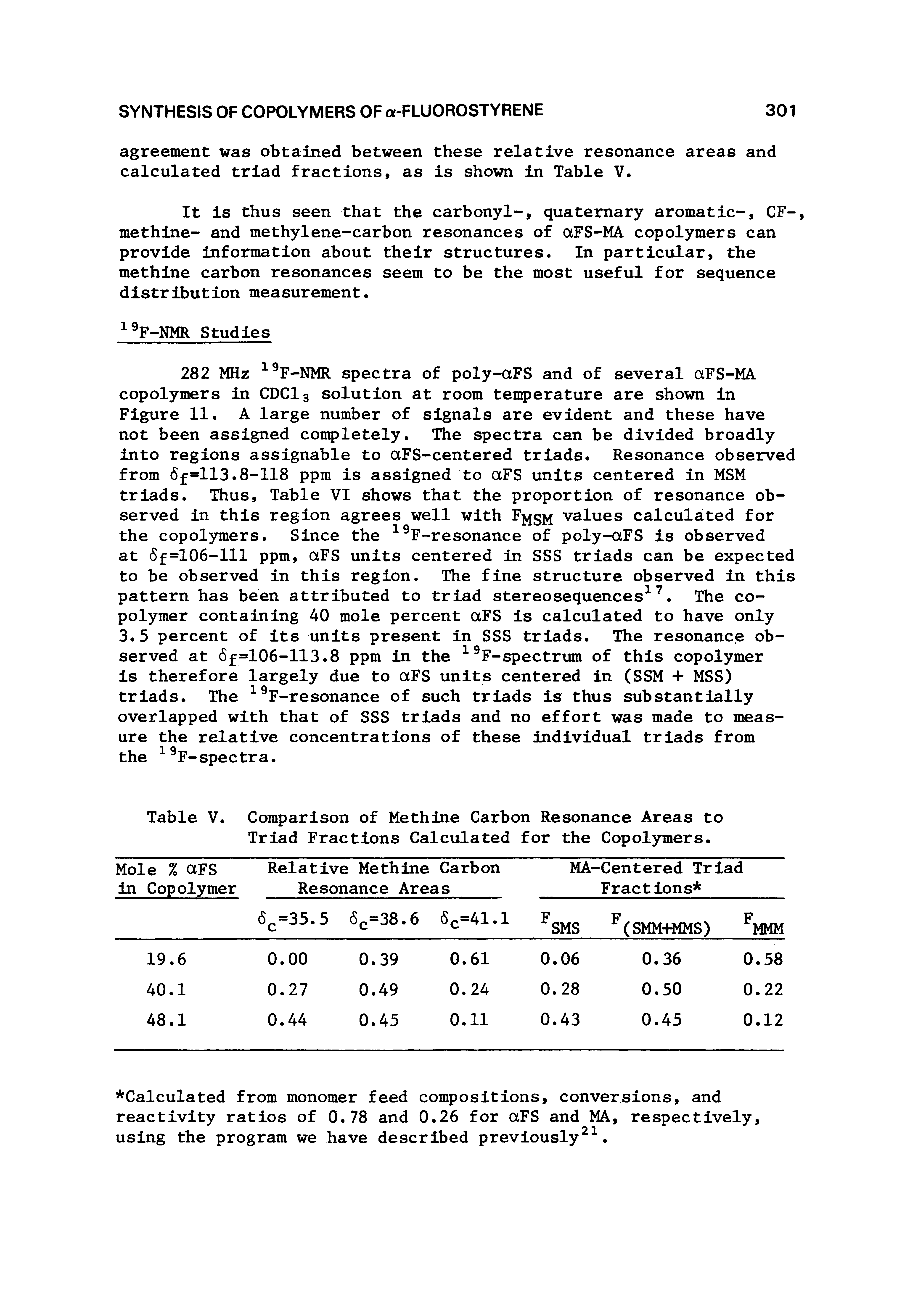 Table V. Comparison of Methine Carbon Resonance Areas to Triad Fractions Calculated for the Copolymers.