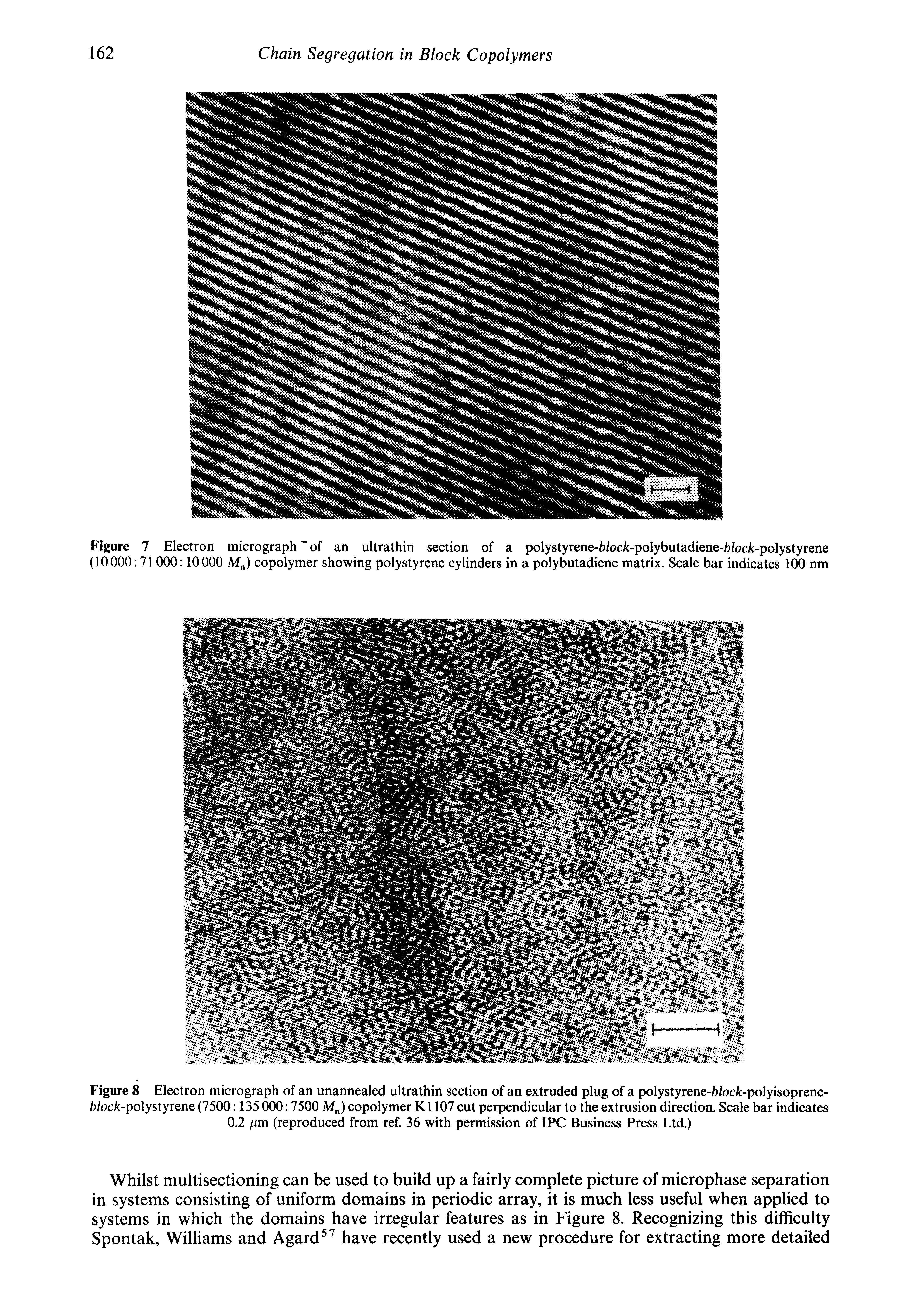 Figure 7 Electron micrograph of an ultrathin section of a polystyrene-h/ocfc-polybutadiene-h/oci -polystyrene (10000 71 000 10000 M ) copolymer showing polystyrene cylinders in a polybutadiene matrix. Scale bar indicates 100 nm...