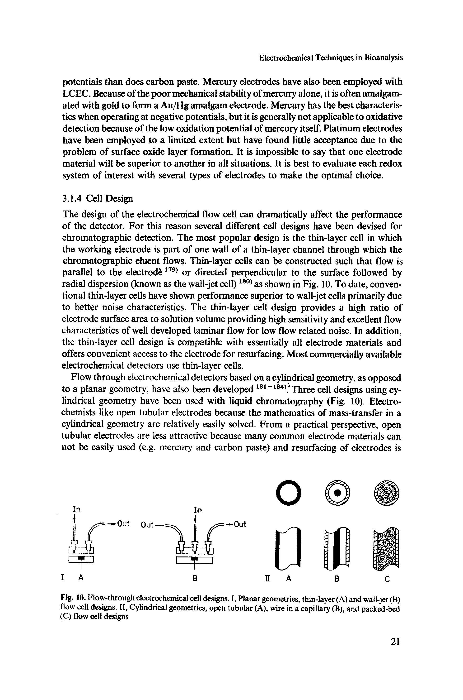 Fig. 10. Flow-through electrochemical cell designs. I, Planar geometries, thin-layer (A) and wall-jet (B) flow cell designs. II, Cylindrical geometries, open tubular (A), wire in a capillary (B), and packed-bed (C) flow cell designs...