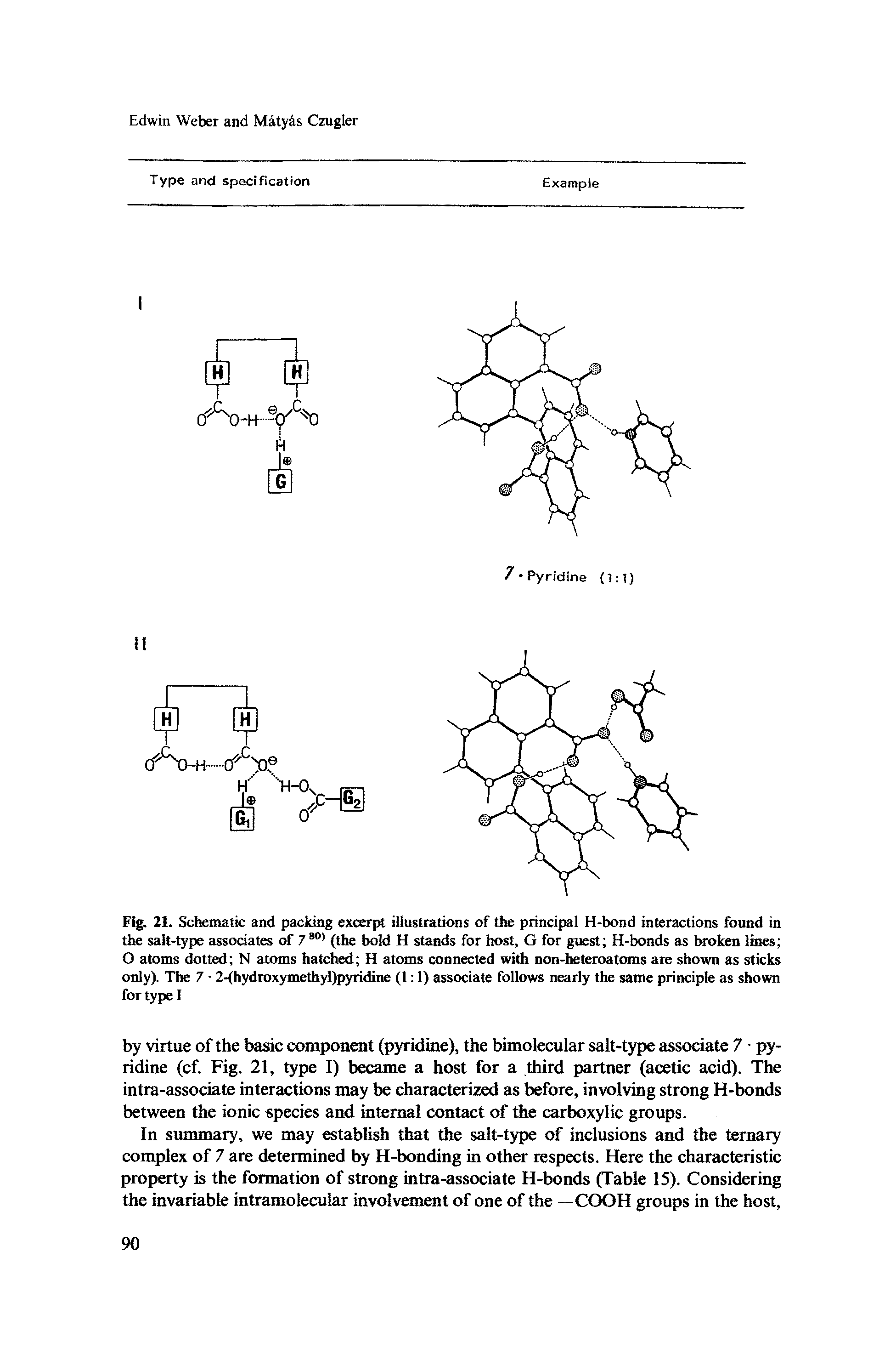 Fig. 21. Schematic and packing excerpt illustrations of the principal H-bond interactions found in the salt-type associates of 7B0> (the bold H stands for host, G for guest H-bonds as broken lines O atoms dotted N atoms hatched H atoms connected with non-heteroatoms are shown as sticks only). The 7 2-(hydroxymethyl)pyridine (1 1) associate follows nearly the same principle as shown for type I...