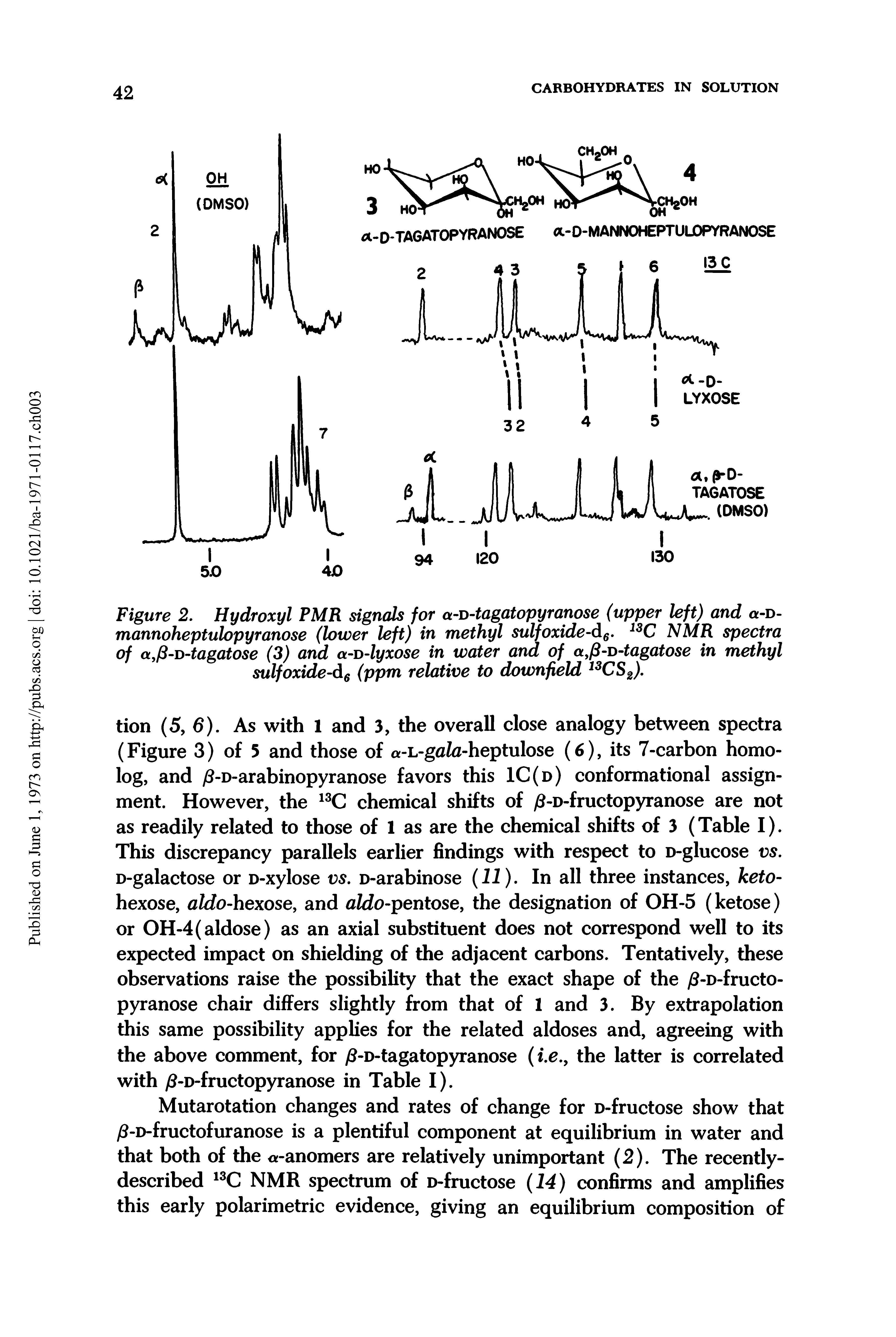 Figure 2. Hydroxyl PMR signals for a-D-tagatopyranose (upper left) and a-D-mannoheptulopyranose (lower left) in methyl sulfoxide-d6. 13C NMR spectra of a,fi-D-tagatose (3) and a-D-lyxose in water and of a,/ -D-tagatose in methyl sulfoxide-(ppm relative to downfield 13CS2)-...