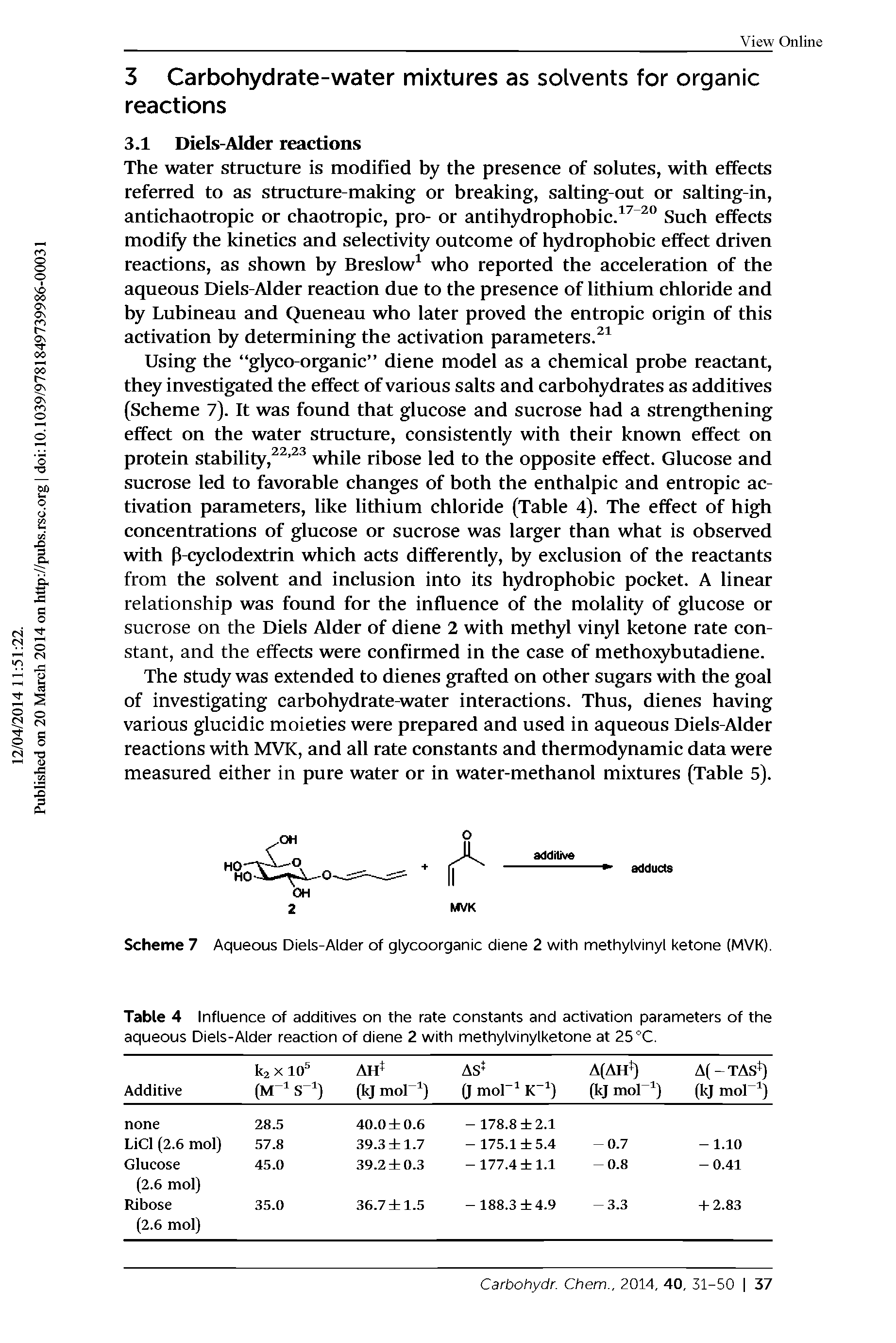 Table 4 Influence of additives on the rate constants and activation parameters of the aqueous Diels-Alder reaction of diene 2 with methylvinylketone at 25 °C.